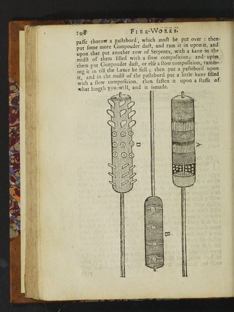 ■ 'y..- l F l E R-Wo R K Si nafle thorow a paftebord', which muft be put over : then- midft of them filled with a flow compoficion* and' upon them put Gunpouder duft, or elfe a flow compoficion, ramm- ino it in till the Lance be full ; then put a paftebord upon it ° and in the midft of the paftebord put a little kane Med vvith a flow compoftcion, then faften it upon a ftaife of what length yourwill, and it ismade. 1