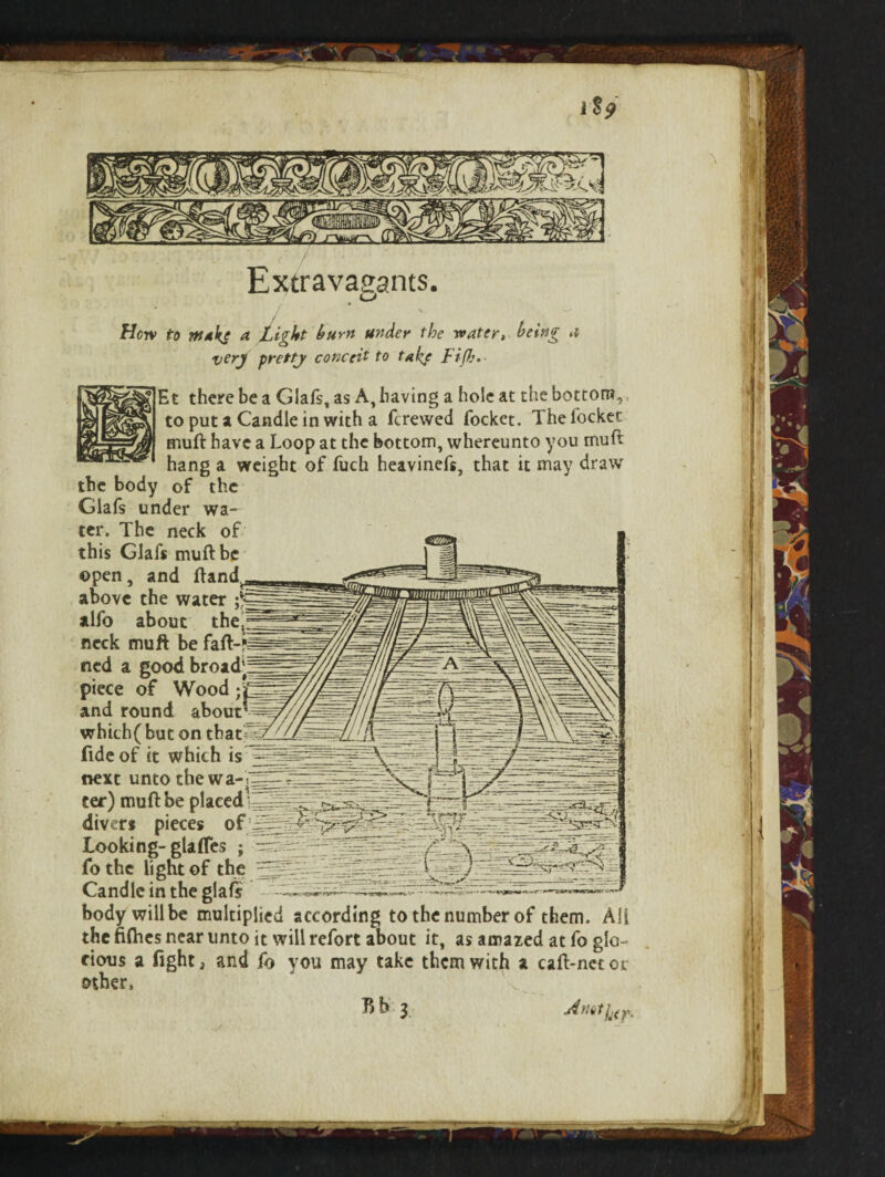 How to make a. Light hum under the -water, being a very -pretty conceit to take Fifh.• Et there be a Glafs, as A, having a hole at the bottom, to put a Candle in with a fcrewed focket. The locket muft have a Loop at the bottom, whereunto you muft hang a weight of fuch heavinefs, that it may draw the body of the Glafs under wa¬ ter. The neck of this Glafs muft be ©pen, and ftand above the water alfo about the neck muft be faft- ned a good broad piece of Wood; and round about which(butontbat fide of it which is next unto the wa-; ter) muft be placed1 divers pieces of Looking- glaftes ; fo the light of the Candle in the glafs body will be multiplied according to the number of them. All the fifties near unto it will refort about it, as amazed at fo glo¬ rious a fight j and fo you may take them with a caft-netot other, Bb