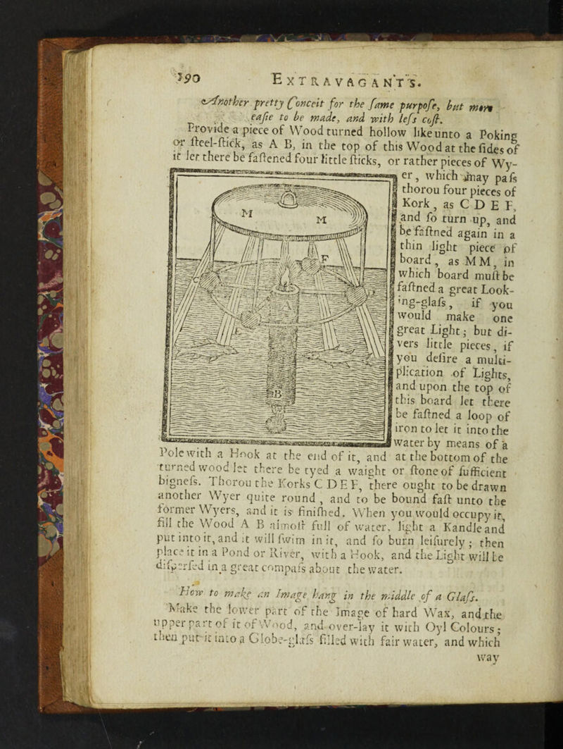 mother pretty Conceit for the fame purpofe, but mm eafte to be made, and with lefs cojl. mmde a piece of Wood turned hollow like unto a Poking or iteel-ftick, as A B, in the top of this Wood at the Tides of il let. there be fafiened four tittle flicks, or rather pieces of Wy- er, which ^nay pafs thorou four pieces of Kork , as C D E F, and fo turn up, and be fa fined again in a thin light piece of board , as MM, in which board mull be alined a great Look- ng-glafs, if you vould make one p-eat light i but di- ers little pieces, if ’ou delire a multi¬ plication of lights, nd upon the top of his board Jet there e faflned a loop of 'on to let it into the raterby means of a Pole with a Hook at the end of it, and at the bottom of the turned wood Jet there be tyed a waight or floneof fufficient bignefs. fhorou the Korks C D E F, there ought to be drawn another Wyer quite round , and to be bound fall unto the ioimerWyers, audit is Unified. When you would occupy it hd the Wood A B aimoll full of water, light a Kandleand put into it, and :t will Iwirn in it, and fo burn leifurely ; then nhc. it in a Pond or River, with a Hook, and the Light will Le dnptrfed m a great compafs about the water. here to make an Image hang in the middle of a Clafs. Make the lower part of the Image of hard Wax, andjthe u pper pa: t of it of Wood, and over-lay it with Oyl Colours ; tuen put- it into a Giobe-glafs filled with fair water, and which wav