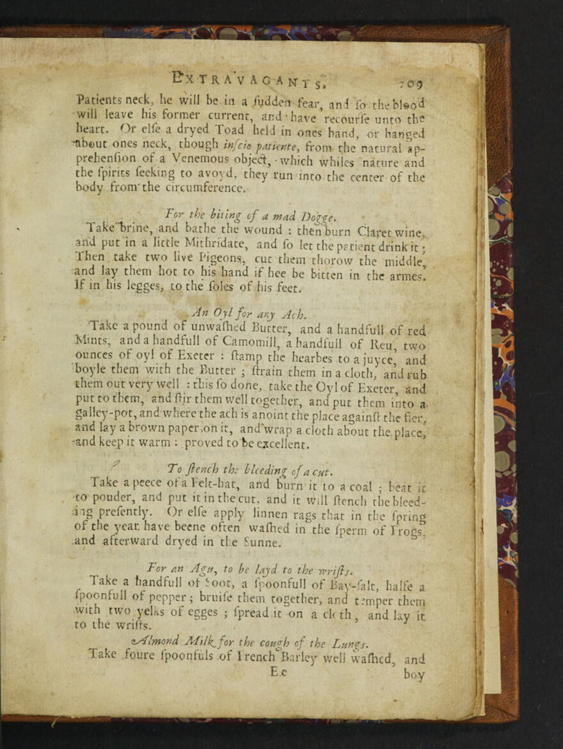 Patients neck, he will be in a fudden fear, and fo the bl»od will leave Ins foimei current, and'have recourse unto th^ heart. Or elfe a dryed Toad held in ones hand, or hanged 'tibout ones neck, though infcio paticnte, from the natural sp- prehenfion of a Venemous objetf, • which whiles nature and the fpirits feektng to avo\d, they run into the center of the body from'the circumference. For the biting of a mad Dogge. Take Time, and bath.e the wound : then burn Claret wine, a.id put in a little Mithridate, and lo let the patient drink it • 1 hen take two live Pigeons, cut them thorow the middle tfind lay them hot to his hand if bee be bitten in the armes. If in his legges, to the foies of his feet. An Of l for any Ach. Take a pound of unwalhed Butter, and a handfull of red Mints, and a handfull of Camomill, a handfull of lieu two ounces of oyl of Exeter : ftamp the hearbes toajuyce’ and boyle them with the Butter ; Brain them in a cloth, and rub them out very well : this fo done, take the Oyl of Exeter and put to them, and flir them well together, and put them into a galley-pot, and where the ach is anoint the place againfl the her and lay a brown paper-.on it, andVrap a cloth about the place,’ ■and keep it warm : proved to be excellent. To flench the bleeding cf a cut. Take apeece ot a Felt-hat, and burn it to a coal ; beat it -to pouder, and put it in the cut, and it will Bench thebieed- i ig prefentiy. Or elfe apply linnen rags that in the fprintf of the year, have beene often wafhed in the fperm of Frogs’ and afterward dryed in the Sunne. For an Agu, to be layd to the rrrifls. Take a handfull of ^oot, a fpoonfull of Bay-falt, Iialfe a fpoonfull of pepper; bruife them together, and temper them with two yelks of egges ; fpread it on a clc th, and lay it to the wriBs. J ^ ^Almond Milf for the cough of the Lun<rs. Take .foure fpoonfuls of 1 rench^Barley well wafhed, and Ec boy