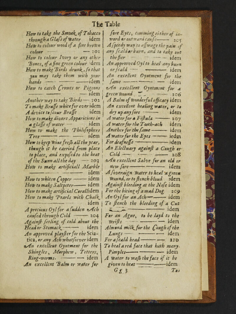 How to take the Smoak, of Tobacco through a Glafs of Water idem BoW) to colour wood of a fine broWn colour 201 How to colour Ivorj or any other Bones, of a fine green colour 'dem How to wake Birds drunks, fo that you way take them with your hands--—~— -idem How to catch (frowes or Pigeons ---— - — idem Another way to take Birds— 202 To wake Braffie white for ever idem A device to fcour Braffe idem How to wake divers Apparicions in a glajfe of water — idem How to make the Thilofophers Tree- idem How to keep Winefrefh all the year, though it be carried from place to place, and expofed to the heat of the Sunn all the day — 203 HoW to make artificiall ALarble --u--- idem How to whiten popper-idem How to make Saltpeter-- idem How to make artificial Corallidem How to make T carls with Chalk, - i(jem A precious Oy l for afudden ±Acb caufed through Cold —-204 Againfi fetling of cold about the Header Stomack,-idem An approved playfier for the Scia¬ tica, or any Ach whatfoever idem &4n excellent Oyntment for the j Shingles, APorphcw, Tetters, | Ring-worms. -—— idem 1 An excellent Balm or wafer for fore Eyes, camming either of in¬ word or outwardcaufe—— 2c 5 Afpccdy way, to affiwage the pain of any fealdor burn, and to take out the fier — ~ —— idem An approovedOyl to heal any burn orfeald-—- idem An excellent Oyntment for the fame-—-— idem csPn excellent Oyntment for a green Wound . T-2 c6 A Balm of Wonderful efficacy idem An excellent healing water, or to dry up any fore-idem A water for a Fifiula -207 A water for the Tooth-ach idem Another for the fame- idem A water for the Eyes-icdm For deafneffe —--idem An Elettuary againfi a Cough or Cold-- 208 zAbn excellent Salve for an old or new fore-—-idem Afoveraign Water to heal a green Wound, or to fiench blond idem Againfi bleeding at the Nofe idem For the biting of a mad Dog 2 09 An Oylfor an Ach—-idem To fiench the bleeding of a Cut -idem For an Ague, to be layd to the Wrifis-idem Almond mi Ik. for the (foughofthe Lungs- --•—• idem For a feald head-21 o To heal a red face that hath many Pimples —— -idem A Water to wajh the face if it be given to heat ■ ———idem Gg 3 Toi