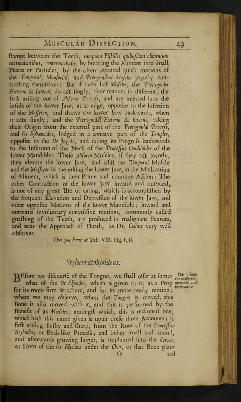 ftampt between the Teeth, tanquam 'Tifiillis qiiibujdam alimenttim contundentibus, conterentibufa by breaking the Aliment into fmall Pieces or Particles, by the often repeated quick motions of the Temporal, Manforial, and Tterygoideal Mufcles joyntly con¬ tracting themfelves: But if chele laft: Mufcles, the Tterygoidei Externi 8c Jnterni, do aCt fingly, their manner is different ,• the firft arifing out of Aliform TrocefsJ and are inferted into the infide of the lower Jaw, at its edge, oppofite to the Infertion of the Maffeter, and draws the lower Jaw backwards, when it aCts fingly j and the Tterygoidei Externi 8c Interni, taking their Origin from the external part of the Tterygoidal Trocefs, and Os Sphmoides, lodged in a concave part of the Temples, oppofite to the Os Jugale, and taking its Progrefs backwards to the Infertion of the Neck of the Troceffus Condiloides of the lower Mandible: Thele Aliform Mufcles, if they aCt joyntly, they elevate the lower Jaw, and aflift the Temporal Mufcle and the Majjeter in the raifing the lower jaw, in the Maftication of Aliment, which is their Prime and common ACtion: The other Contraction of the lower Jaw inward and outward, is not of any great life of eating, which is accomplished by the frequent Elevation and Depreffion of the lower Jaw, and other oppofite Motions of the lower Mandible; inward and outward involuntary convulfive motions, commonly called gnafhing of the Teeth, are produced in malignant Feavers, and near the Approach of Death, as Dr. Collins very well obferves. This you have at Tab. VIII, Fig. I, II. Styloceratohyoideus. T> Efore we difcourfe of the Tongue, we fhall offer at fome- what of the Os Hyoides. which is given to it, as a Prop upwards and r* r r T i ( . . . backwards* for its more hrm Structure, and ror its more ready motion; where we may obferve, when the Tongue is moved, this Bone is alfo moved with it, and this is performed by the Benefit of its Mufcles; amongfi which, this is reckoned one, which hath this name given it upon thefe three Accounts; it firft arifing flefhy and Tharp, from the Root of the TrocejTus Styloides, or Beakdike Procefs ; and being fmall and round, and afterwards growing larger, is implanted into the Cerda,, or Horn of the Os Hyoides under the Chin, or that Bone plan** O