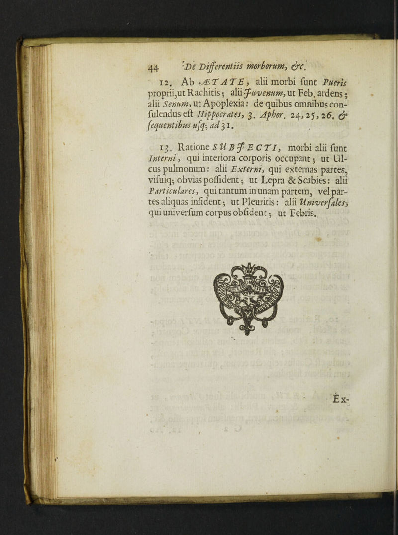 12. Ab ^TATE, alii morbi funt Pueris propriant Rachitis 5 alii juvenum, ut Feb. ardens 5 alii Senum, ut Apoplexia: de quibus omnibus con¬ fidendus eft Hippocrates, 3. Aphor. 24,25,26. & fe qu entibus ufq-, ad 31. 11. Ratione SUBJECTI, morbi alii funt Interni, qui interiora corporis occupant 5 ut Ul¬ cus pulmonum: alii Externi, qui externas partes, vifuiq^ obvias polfident 5 ut Lepra & Scabies: alii Particulares, qui tantum in unam partem, vel par¬ tes aliquas infident 5 ut Pleuritis: alii Univerfales, qui univerfum corpus oblident 5 ut Febris.