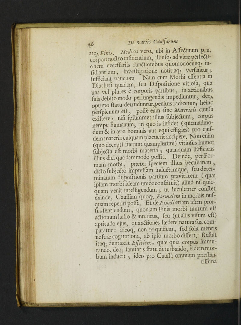atq-, Finis. Medicis vero, ubi in Affeduum p.n. corpori noftro infidentium, illiufq-, ad vitae periedi- onem neceffariis fundionibus quomodocunq- in- fidiantium, inveftigatione notitiaq-, verfantur; fufficiant pauciora.  Nam cum Morbi effentia in Diathefi quadam, feu Difpofitione vitiofa, qua una vel plui es e coiporis partibus, in adionibus Tuis debito modo perfungendis impediuntur, deq-, optimo ftatu detruduntur,penitus radicetur-, heinc perfpicuum eft, poffe eam fine Materials caul.a exiftere -, nifi ipfummet illius fubjedum, coipus nempe humanum, in quo is infidet (quemadmo¬ dum & in are hominis aut equi effigies) pro ejui- dem materia cuiquam placuerit accipere. Non enim (quo decepti fuerunt quamplurimi) vitiofus humor fubjeda eft morbi materia quanquam Efficiens illius dici quodammodo poffit. Deinde, per For¬ mam morbi, prarter fpeciem illius peculiarem , dido fubjedo impreffam indudamque, feu deter¬ minatam difpofitionis partium pravitatem (quas ipfam morbi ideam unice conftituit) aliud nilquic- quam venit intelligendum ut luculenter confiet exinde, Cauffitm quoq-, Formalem in morbis nuf- quam reperiri poffe. Et de Findi etiam idem pror- fus fentiendum -, quoniam Finis morbi tantum eft adionum laffio & interitus, feu (ut aliis vifum eft) aptitudo ejus, quaadiones Iredere natura fua com¬ paratur : ideoq-, non re quidem, fed fola mentis noftra; cogitatione, ab ipfo morbo differt.' Reftat itaq; duntaxat Efficiens, qure quia coipus immu¬ tando, deq-, famtatis ftatu deturbando, eidem mor¬ bum inducit ideo pro Cauffii omnium prarftan- tiffima