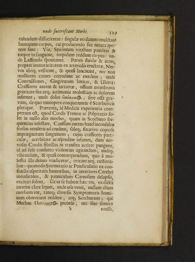 culandum diflocientur: lingula? eo damno muldhnt humanum corpus, cui producendo Tua natura apti¬ ores funt: Viz. Spirituum vitalium paucitas & torpor in fanguine, torpidum reddunt corpus: un¬ de Laflitudo fpontanea. Partes fluida? & acres propter immaturitatem ex arteriolis erudiat* Ner¬ vos ubiq-, vellicant, & quali Lancinant, nec non molliores carnes corrodunt ac exedunt • unde Convulfiones, Gingivarum laxitas, & Ulcera: Crafliores autem & tartarea?, oflium membranis gravitate fua atq-, acrimonia moleltiam ac dolorem inferunt 5 unde dolor oVsojmw©. , five olla gra¬ vans, de quo tantopere conqueruntur e Scorbuticis plerique. Pmerea, id Medicis experientia com¬ pertum eft, quod Cordis Tremor ac Palpitatio fo- let in nullo alio morbo, quam in Scorbuto fre¬ quentius infeftare. CaulTam autem haud inconfulto forfan retuleris ad crudum, faleq-, fixativo copiofe impr*gnatum fanguinem 5 cujus crafliores parti¬ cula?, acerbitate ac afpredine infames, dum ner- vofas Cordis fibrillas in tranfitu acriter pungunt, id ad fefe confueto violentius agitandum, undiq; vibrandum, & quali contorquendum, quo a mo- leftia ilia denuo vindicetur, irritant atq; exftimu- lant: quomodo Sternutatio ac Pandiculatio ex con- fimilis afperitatis humoribus, in anteriores Cerebri membranas, & panniculum Carnofum delaplis, excitari folent. Ut ut fe habeat ha?c res, ex didlis interim clare liquet, unde ufu venit, nullum alium morbum tot, tamq5 diverfis Symptomatis homi¬ nem obnoxium reddere , atq; Scorbutum • qui Morbus rioAufOjjp©. proinde, nec fine fontica S eaufla.