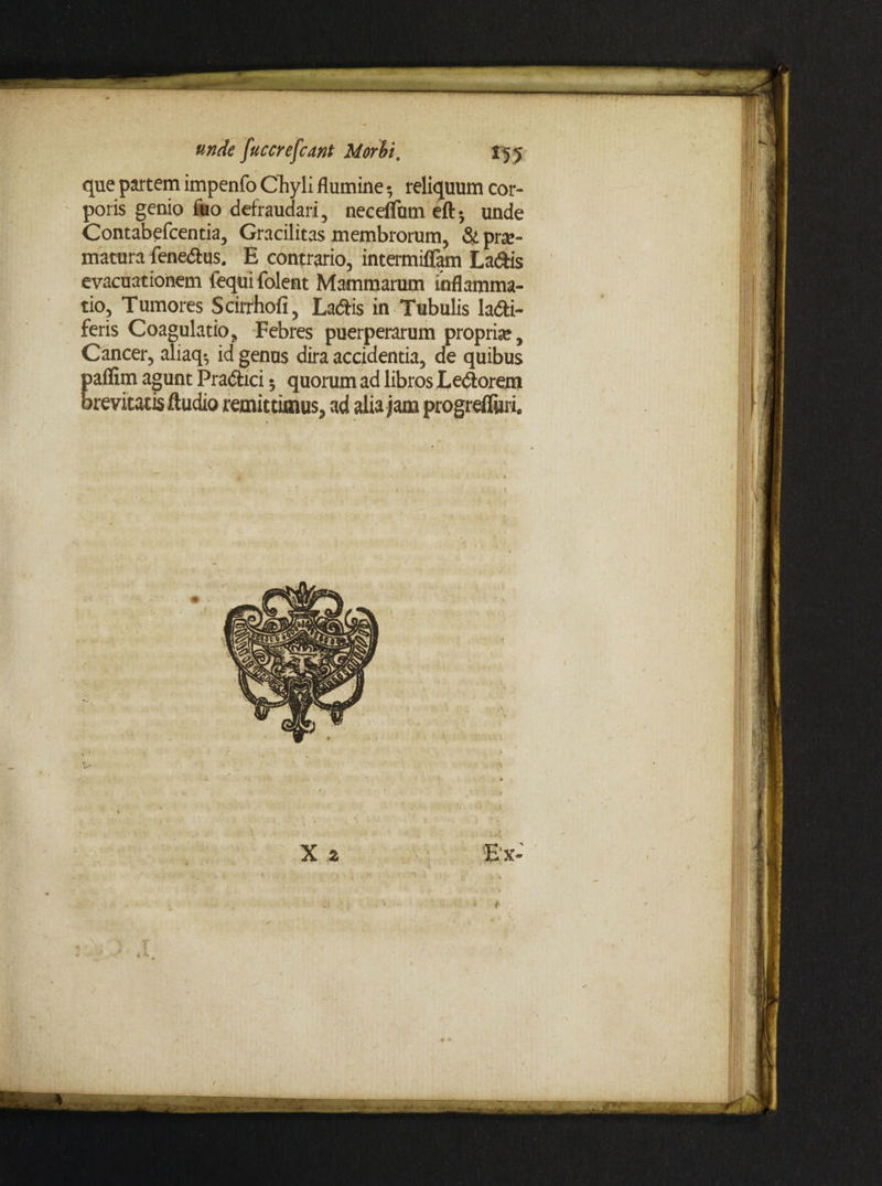 . M unde fuccrefcant Morbi. que partem impenfo Chyli flumine • reliquum cor¬ poris genio fuo defraudari, neceffum efl>, unde Contabefcentia, Gracilitas membrorum, & prae¬ matura fenedus. E contrario, intermiffam Ladas evacuationem fequi folent Mammarum inflamma¬ tio, Tumores Scirrhofi, Ladis in Tubulis ladi- feris Coagulatio, Febres puerperarum propria*. Cancer, aliaq-, id genus dira accidentia, de quibus pafiim agunt Pradici 5 quorum ad libros Ledorem brevitatis ftudio remittimus, ad alia jam progrefiuri. i X 2 Ex- , O. ' _ i!' '3