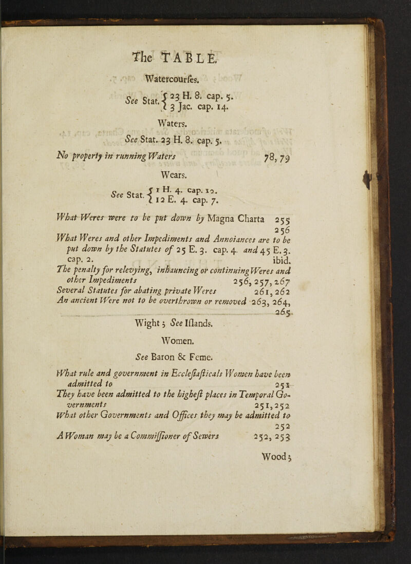 Watercourles. See Stat.j23H‘8- caP- 5- t 3 Jac. cap. 14. Waters. *. **: -* * +>$'■■ * <; ■. vi X i y iy , . C-: 5^ Stat. 23 H. 8. cap. 5. No property in running Waters Wears. See Scat. j'Hp4' caP10‘ 112 E. 4. cap. 7. 78, 79 What Weres were to be put down by Magna Charta 255 256 What Weres and other Impediments and Annoiances are to be put down by the Statutes of 25 E. 3. cap. 4. and 45 E. 3. cap. 2. ibid. The penalty for relevying) inhauncingor continuingWeres and other Impediments 2 5 6, 257, 267 Several Statutes for abating private Weres 2 61, 2 6 2 ancient Were not to be overthrown or removed 263, 264, 265.. Wight 3 SWlflands. Women. See Baron & Feme. What rule and government in Ecclejtaflicals Women have been admitted to 25s They have been admitted to the higheji places in Temporal Go* vernments 251,252 what other Governments and Offices they may be admitted to 252 A Woman may be a Commiffioner of Sewers 2 52, 253 \ Wood 'y