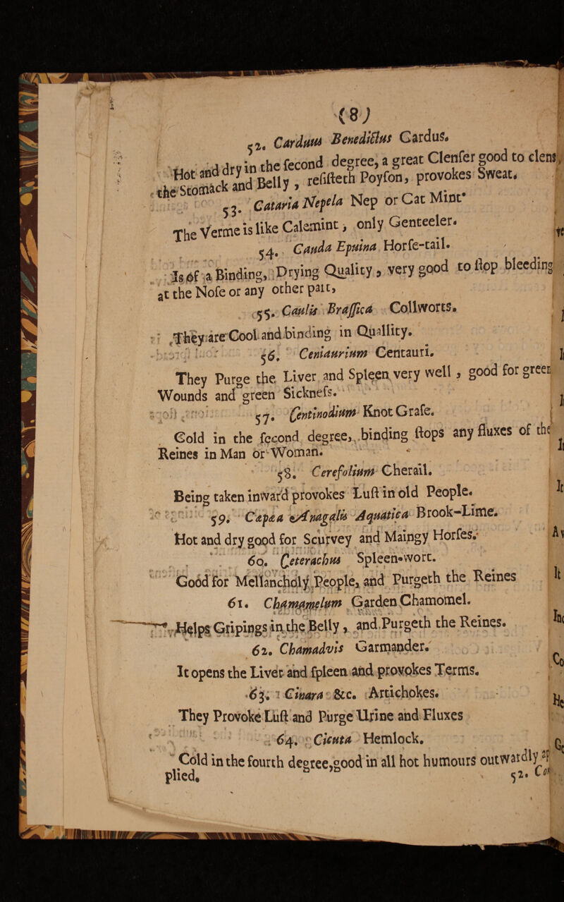 w Cardfitu BenediElus Gardus. it ' .jJrvinchefecond degree,agrotClenfergoodtoclcni, . «ot ’fi L Belly , relitteth Poyfon, provokes Sweat. | cheStoSi ^ CmrU nqtU Nep or Car Mint' | The Verme is like Calemint > only Genceeler. 54. Cauda Epuina Horfe-tail. a Binding,.-Drying Quality, very good to Hop bleeding at the Nofe or aoy other paic, 55. Caulls Brajfica Coll worts. i hey areCoot and binding in Qinllity. ' ' ' - ' CenUurium Centauri. I 1 *•>'. v -f f. t They Purge the Liver and Spleen very well, good for greet Vounds and green Sicknefs. li i' i *■*> 1 ’ 57. Qntinodtwn KnotGrafe. 1 Cold in the fccond degree, binding flops any fluxes of the .eines in Man or Woman. * It 58. CerefaUttnt Cherail. Being taken inward provokes Luft in old People. 59, Cdf&a tdndgalii AqMticd Brook-Lime. Hot and dry good for Scurvey and Maingy Horfes.- ' 60. QWptm Spleen.wort. Good for Mellancholy People, and Purgeth the Reines 61. Chdmjtmlttrn Garden Chamomel. Helps Gripings in the Belly, and Purgeth the Reines. 62. Chamadvis L?armander. 9 y s It opens the Liver and fpleen and provokes Terms. •^3, 1 Ciuara &c. Artichokes. They Provoke Luft and Purge Urine and Fluxes - • I ri % t * f * # ' 64. Hemlock. Av It be Co He V * * % • ■ Cold in the fourth degree,good in all hot humours outwatdly jc