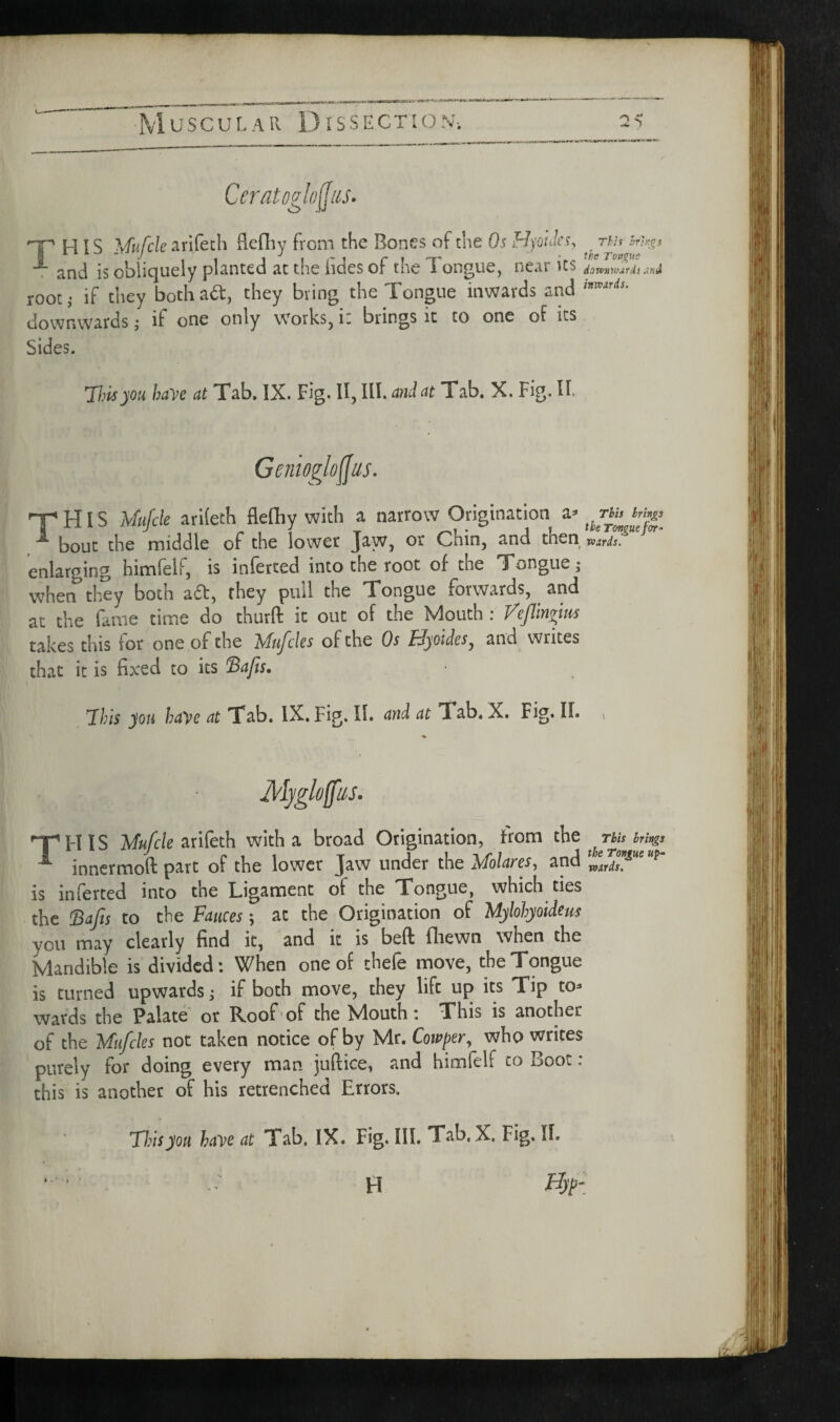Muscular Djssectionl 2<; Ceratogh^iis. H IS Mufck arifeth flefiiy from the Bones of the Os Hpi'Ies, nu hmg, K L i i ^ .rjy I 1 I r 1 r 1 -T- tloe Tow^us ^ and is obliquely planted at the iides of the 1 ongue, near its d/jmirvurJf ;!kJ root i if they both a6t, they bring the Tongue inwards and dovA/nwards ,• if one only works, i: brings it to one of its Sides. Jhisyou have at Tab. IX. Fig. 11, III. ani at Tab. X. Fig. If Genioglo^us. HIS Uufcle arileth flefhy with a narrow Origination a^ ^jhh bout the middle of the lower Jaw, or Chin, and then vfxrds. enlarging himfelf, is inlerted into the root of the Tongue; wdien they both a^:, they pull the Tongue forwards, and at the fame time do thurft it out of the Mouth : Vejlln^jws takes this for one of the 'Mufcles of the Os tJyoides^ and writes that it is fixed to its ^afis. This you haye at Tab. IX. Fig. II. Tab. X. Fig. 11. ^ T^HIS arifeth with a broad Origination, from the This brings ^ inncrmoftpart of the lower Jaw under the Molares, and voirds, is inferted into the Ligament of the Tongue, which ties the ^afts to the Fauces; at the Origination of Mylohyoideus you may clearly find it, and it is bed fliewn when the Mandible is divided: When one of thefe move, the Tongue is turned upwards ^ if both move, they lift up its Tip to^ wards the Palate or Roof*of the Nlouth: This is another of the Mufeks not taken notice of by Mr. Cowper^ who writes purely for doing every man juftice, and himfelf to Boot : this is another of his retrenched Errors. This you haye at Tab. IX. Fig. III. Tab. X. Fig. IL Hyp- ft. H