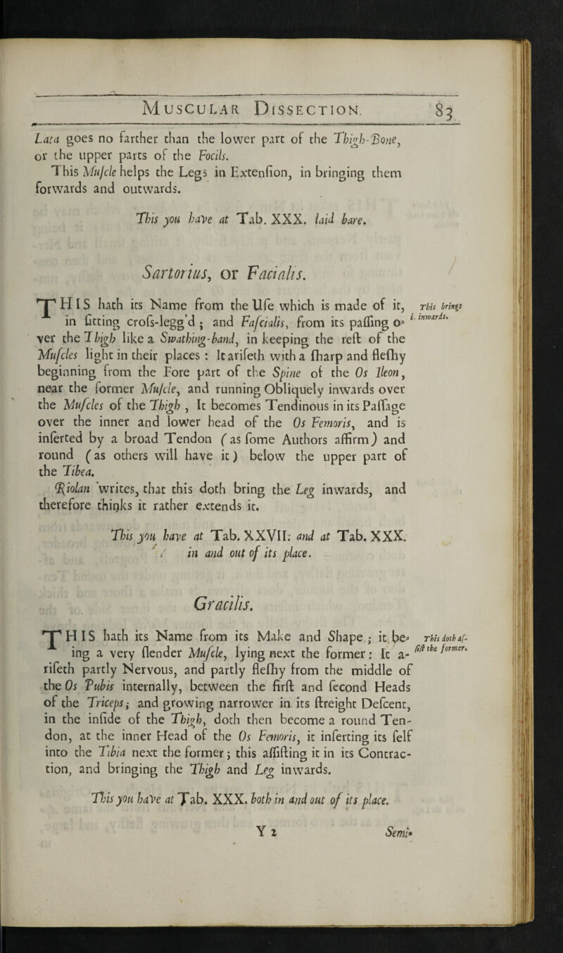 Lata goes no farther than the lower part of the ^ or the upper parts of the Locils. 1 his Mujcle helps the Legs in Extenfion, in bringing them forwards and outwards. 7his you haye at Tab. XXX. laU hare. Sartorhs, or Vacialis. ‘ LI IS hath its Name from the life which is made of it, rhu hth%t in fitting crofs-legg’d ; and Fafcialis^ from its pafling 0= ver theT/^/V/; like a Swathlng-hand^ in keeping the reft of the Mufcles light in their places: Itarifeth with a fharp and flefhy beginning from the Fore part of the of the Os Ikon, near the former Mujcle, and running Obliquely inwards over the Mufcles of the 7high , It becomes Tendinous in its Paffage over the inner and lower head of the Os Femoris, and is inferted by a broad Tendon f as fome Authors affirm} and round (as others w^ill have it) below the upper part of the Ttkea. Riolan writes, that this doth bring the Leg inwards, and therefore thinks it rather extends it. This you have at Tab. XXVII: and at Tab. XXX. in and out of its place. Gracilis. 'THIS hath its Name from its Make and Shape; it.be^ ms doth ing a very flender Mufcle, lying next the former; It a- rifeth partly Nervous, and partly flefhy from the middle of the Os Tuhis internally, between the firft and fecond Heads of the Tricepsi and growing narrower in its ftreight Defcent, in the infide of the Thigh, doth then become a round Ten¬ don, at the inner Head of the Os Fetnoris, it inferting its felf into the Tibia next the former; this affifting it in its Contrac¬ tion, and bringing the Thigh and Leg inwards. Tins you have atTsb, XXX. both in and out of its place. Semk Yi