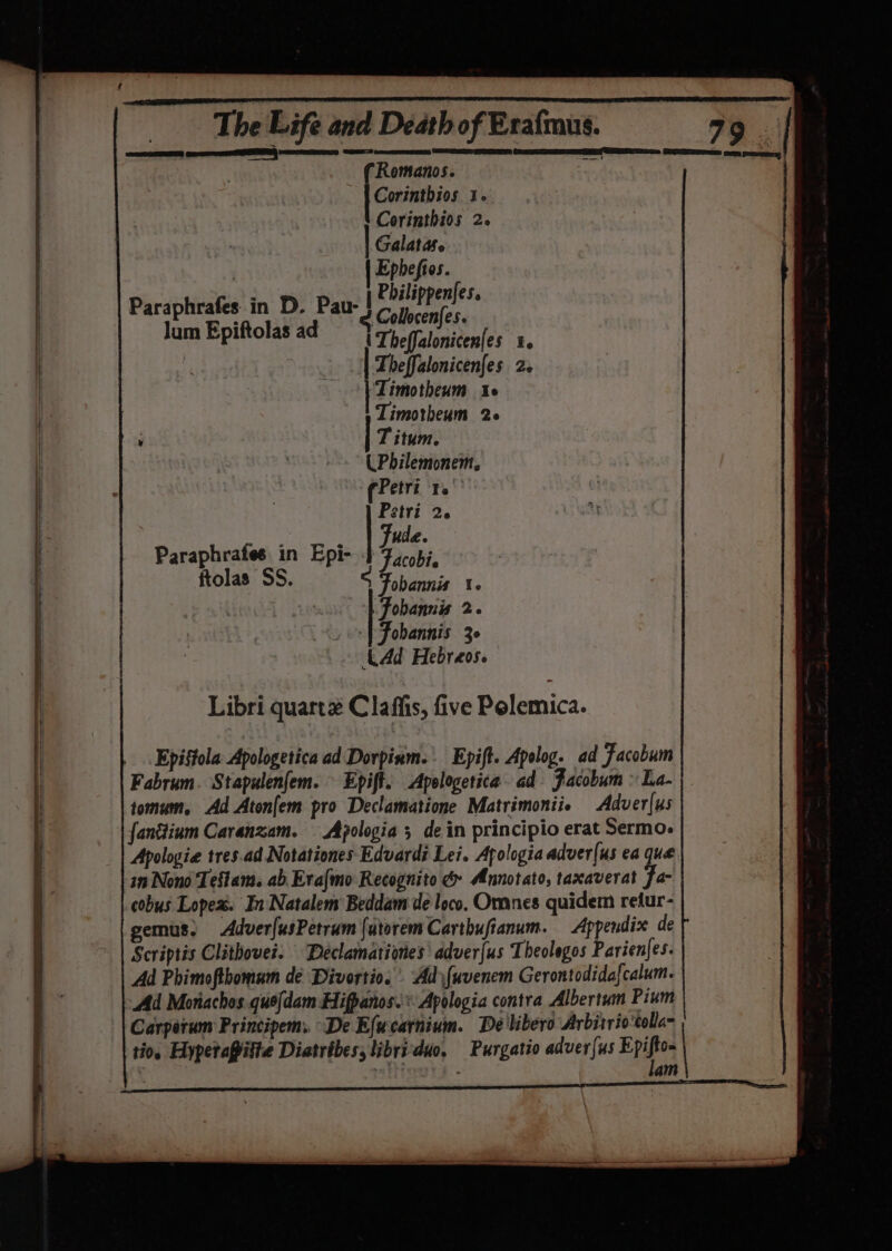 Corinthios 2. Galatase , Epheftes. Paraphrafes. in D. Pau- bea lum Epiftolas ad I Theffalonicenfes 1. - || Theffalonicenfes 2. | Limotheum Ie Timotheum 2 , T itum, (Philemonem, (Petri 1. Petri 2. 2 | Ful Paraphrafes in Epi- 4 Facobie ftolas SS. Fobannis 1. Fobannis 2. ‘| Fobannis 36 ‘Ad Hebreos. Libri quartz Clafiis, five Polemica. Epistola Apologetica ad Dorpinm.: Epift. Apolog. ad Facobum Fabrum. Stapalenfem. ~ Epift. Apelogetica. ad Facobum ~ Ea- tomum, Ad Atonfem pro Declamatione Matrimoniie Adver{us fanitium Caranzam. Apologia ; dein principio erat Sermo. Apologia tres.ad Notationes Edvardi Lei. Apologia adver(us ea que in Nono Testam. ab. Evalmo Recognito &amp; Annotato, taxaverat fa- cobus Lopex. In Natalem Beddam de loco, Omnes quidem retur- gemus, AdverfusPetrum {atorem Carthufianum. Appendix de Scriptis Clithowet. Declamationes adver{us Theolegos Parienjes. Ad Phimofthbomum de Divortio. . Ady{uvenem Gerontodidafcalum. Ad Monaches.quo[dam Hifpanos.* Apologia contra Albertum Pium Carperum Principems, “De Efwcarnium. De'libero Arbitrio'tolla~ tio, Hypetafitte Diatrtbes, libriduo, Purgatio adverjus mL ie \ | am Sa en aaa a eS