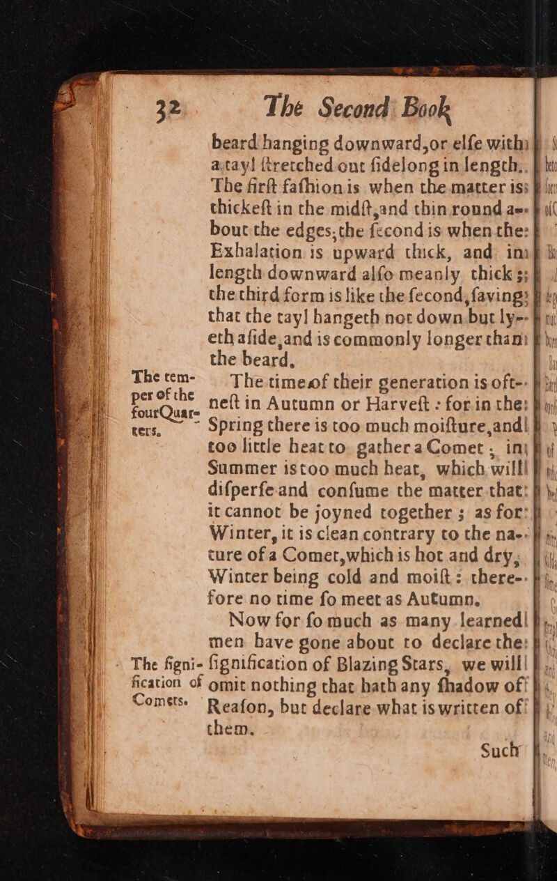 The tem- per of the fourQuar- ters. The Second’ Book atayl {tretched ont fidelong in length, bout:the edges. the fecond is when the: | Exhalation is upward thick, and ini length downward alfo meanly thick 5; § that che tay! hangeth not down. but ly-- | ; the beard, nef{t in Autumn or Harveft : for. in the: Spring there is too much moifture,andl § ) too little heatto. gathera Comet . inj fy Summer istoo much heat, which. willl F » difperfeand confume the matter. that it cannot be joyned together ; as for:} ture of a Comet,which is hot and dry, Winter being cold and moift: there-- By fore no time fo meet as Autumn, Now for fomuch as many learned! },., men bave gone about to declare the: }}(, Cometse them. Such