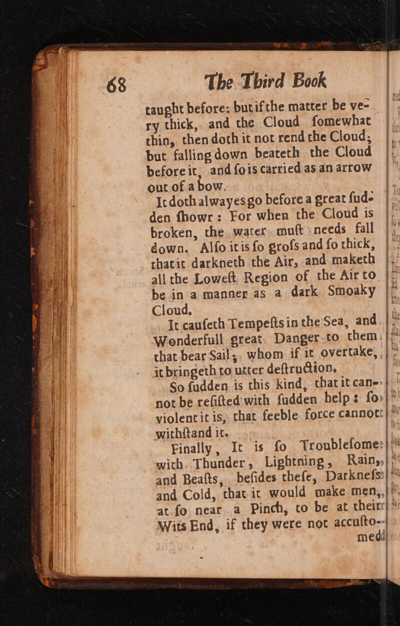 caught before: butifthe matter be ve- ry thick, and the Cloud fomewhat thin, then doth it not rend the Cloud, but fallingdown beateth the Cloud beforeic, and fois carried as an arrow out of a bow. Ic doth alwayesgo before a great fud- den fhowr: For when the Cloud is broken, the, water. muft \ needs fall || down. Alfoitisfo grofsandfothick, |. thatit darkneth the Air, and maketh all the Loweft Region of the Airto };. be in a manner as a dark Smoaky |, Cloud. 1 It caufeth Tempeftsinthe Sea, and. |. Wonderfull great. Danger.to them |, that bear Sail,. whom if it overtake, |} it bringeth to utter deftrudion, i So fudden. is this kind, thatitcane-} not be refitted with fudden help: for} violentit is, that feeble. force cannott|™ with{tand it. I Finally, It is fo Troublefome:}® with. Thunder, Lightning , Rain,,} “ and Beats, befides thefe, Darknefss| * and Cold, that it would make men,,}\ at.fo near a Pinch, co be at theirr) * Wits End, if they were not acral: | medi)