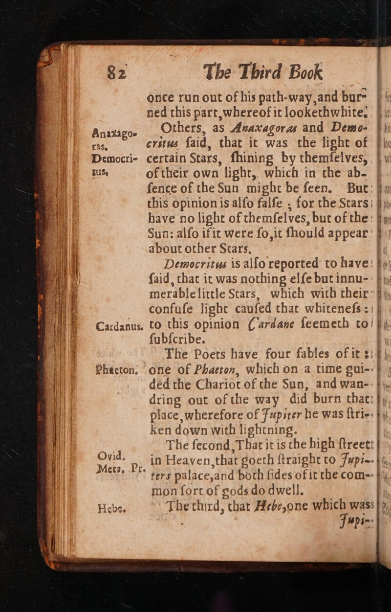 iG sx a 82 The Third Book once runout of his path-way,and bur- ned this part, whereof it lookethwhite,. Ansiagos Others, as Anaxagoras and Demo- | ae critus faid, that it was the light of i Democri- certain Stars, fhining by themfelves,, | yi EUSe of their own light, which in the ab- fence of the Sun might be feen. But: x this opinion is alfo falfe , for the Stars; yj have no light of themfelves, but of the: } Sun: alfo ifit were fo,it fhould appear: about other Stars, | Democritus is alfo reported to have: }y, faid, chat ic was nothing elfe but innu-: } yy merablelittle Stars, which with their: } confufe light caufed that whitenefs&lt;:} . Cardanus, to this opinion (ardane feemeth to! fi fubfcribe. | The Poets have four fables of it 3:4 Phacton, one of Phaeton, which on a time gui--} } ded the Chariot of the Sun, and wan-: }, dring out ofthe way did burn that: }, place, wherefore of Fupster he was ftrie: J ken down with lightning. | The fecond , Thar it is the high ftreett Ovid. in Heaven, that goeth ftraight to Fupi- |i, The ters palace,and both fides of it the com-: , mon fort of gods do dwell. Hebe. The third, chat Aebe,one which was: Fepin