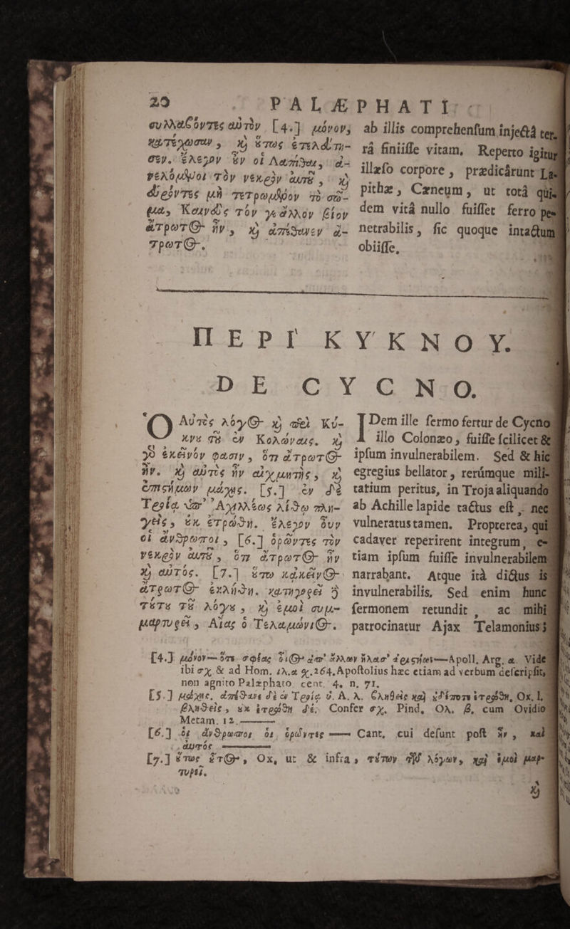 25 eu Axa S Oy Tte a) Ty [4«] uóvov; NA/Té TU , X 6TU$ &amp;£TiAd.m- Oz). VACIDV y ob Aa zniyor, di PEAOUÀVOITÓV VéXely auE , 3 &amp;eivTes uà TETpouXDoV q0-o0- (25 Kouvóie Tóv j« d»Noy Éloy &amp;TpoTO- dv, xy dziSewsy d- 7poTQO-. IL EPI ab illis comprehenfum inje&amp;ta ter jJ rà finiffe vitam, Reperto igitur. illefo corpore , przdicárünt-[g pithe , Crneum, ut torj qui- 3 dem vitá nullo fuiffet ferro pes netrabilis , fic quoque inta&amp;um obiiffe, Nx | 2. [6 Avis A09, G- X, wel Kv- Xy5 qo C» KoAovaue. | ET: Bn e : 39 &amp;X&amp;yóy oam , im dTpoTG- e 1 9 iude E N WU. X, QUTUS dy Cy uwTIE y X) t ? CmcWuny ud. [$9.] .e» dé : ! Tesla Xi LA€MNX Sos ALS zÀy- E 5 Pa [d Ws, €x €Tpdou. Ae uy T: aySporot , [6.] 0pQy7ts TU VeXeiy CUTS , 077 &amp;TpoTG- ny S 5 , rj 5 e X, 00T0g. [7.| &amp;mvw xdxàvQ- &amp;TeoTO- &amp;xiDu. vaanpeed 5 TÉT&amp; TE Ab, X) (pol cup- ^» »f [3 , putpo gei , Aiac o TexeuoviGr. Dem ille fermo fertur de Cycnoma ille Colonzo , fuiffe fcilicec gll ipfum invulnerabilem. Sed &amp; higi egregius bellator, rerámque : milis ratium peritus, in Trojaaliquandoy ab Achillelapide taCtus eft ,.- necy vulneratustamen. Propterea, qui cadaver reperirent integrum, .e3 tiam ipfum fuiffe invulnerabilemyg narrabant. Atque ità di&amp;us isi invulnerabilis, Sed «enim hunc fermonem retundit , — ac mihi parrocinatur Ajax Telamonius $i PX Sie 5 SX Metam. 12. aumot qU)i. Ü