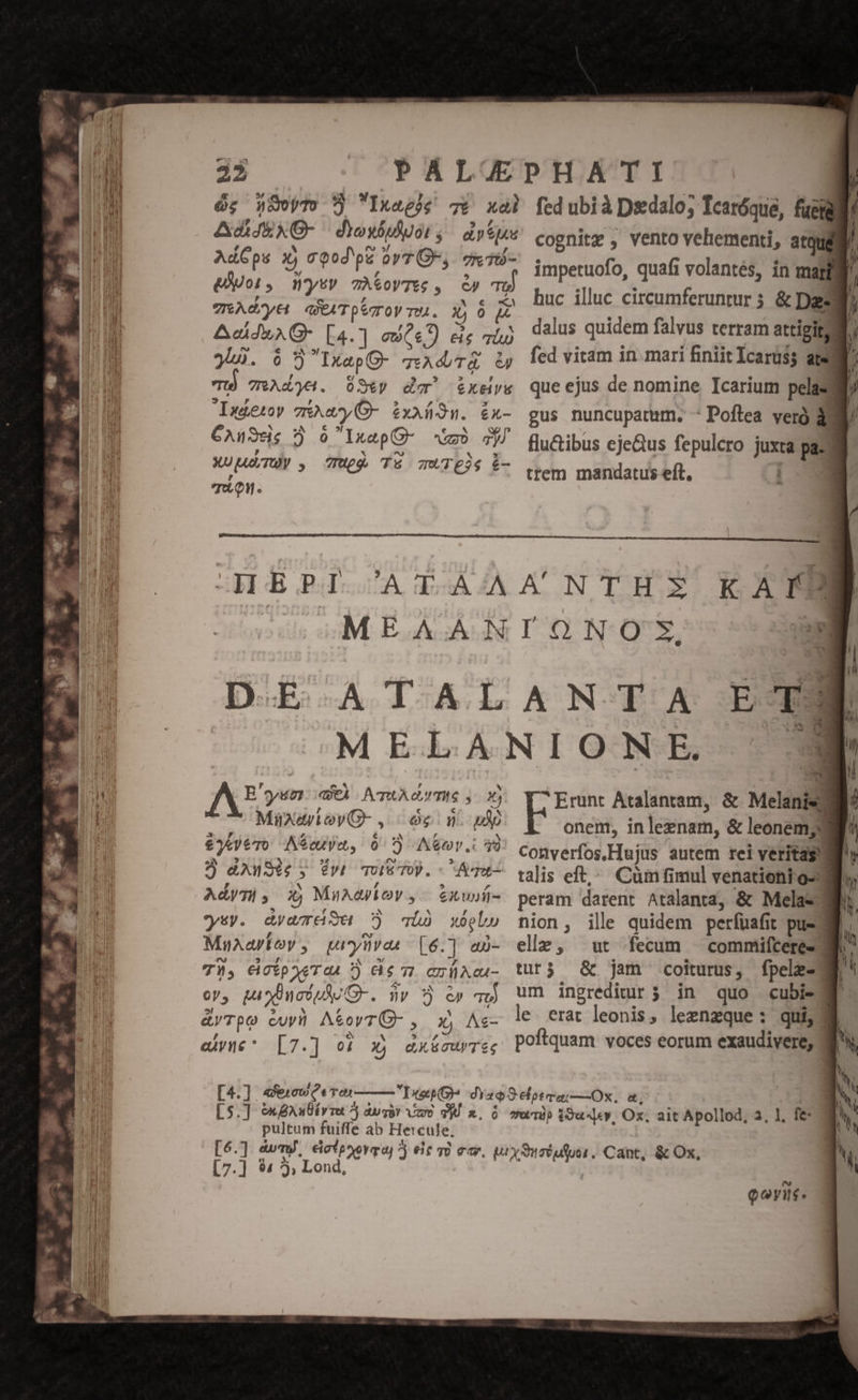 Dra 43 | PALCPHATI um ! ao Oz wmoyTo * Ixaeje 7t xal fedubià Dsdalo; Tcaróque, fuel drm Adis A drowuÁvot ; dre dux cognite , vento vehementi, atque aj idi AdCps X) cood'pe ovr, 78 76- impetuofo, quafi volantés, in mami x. Alo eA , ny 7M oVTEs y ^. «» huc illuc circumferuntur 5 &amp; Das EEUU Ted yet aeAT piroy pU. X 0 (4 : ! . 2 TUE Acid G- [4.] eds) eis aio) dalus quidem fa vus terram attigitugg FT. gu. $5* Drap 3 dà i fed vitam in mari finiit Icarus; atem ! lu. Boa. 035p dor $XHyE que ejus de nomine. Icarium pela- d » Ah Iuáetoy 72,6 Dion. £X- gus nuncupatum. -Poflea veró 30b du GAiSels 2) ) 0 -IxapQ- AO TU flu&amp;ibus ejeQus fepulero juxta p ] jJ 3 [Ad TONY ug Ts TUTEjs £- ttem mandatus eft, |  TUN. e i - H B PIA T-OA /A A N TE K ATI B | MEAANIONO:S, a didi. 0»; pan fweip AO. v ny - o Tu] &amp;YTpO cuv A&amp;orTG- , O As- eiue [7.] 01 X) AA [4.] «iow Ten pultum fuiffe ab Hercule, [7.] $4 5, Lond, Qoi. » Wl in D.E.ATALANTA ETE nd | | | Ec k : MELANION.E. 3 3H AX yen: ae Am dormis : Xj Y^Ernt Atalantam, &amp; Melanis? f - Mindy oyQ- , og n uA onem, inleznam, &amp; leonem;9 j plis SM; 9 3 A*er. 7 comverfos.Hujus autem rei veritas P Q &amp;AXust6s Cip ICI Ai a AT-. talis eft,, Cumfimul venationi o ET Adym, x Mario s &amp;Xu»fi- peram darent Atalanta, &amp; Mela- e FS ysy. dyoHs Es TL xeglu nion, ille quidem perfüafit pu- 3. E MuAartoy ; puyüvae [6-] aü- elle, ut fecum ^ commiftere-] AN qa TI; eiTtp «T au 5 dé Gr ea tur3 &amp; jam coiturus , fpelz- 1 á