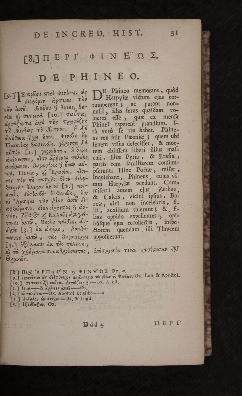i br CN n [B]I EPI DE PH [9.] VE mp2! quel dip&amp;os, s diepüpsy — dparueu Ty yüy auri. dbx8ci P) eVI0L,, Üj- ele X avravd, [10.] 74074, ápzd(oyTa, a/T) TS Teo Me 32 iy&amp;oe T8 dEvrrov. 0 dé da/Sua (od 6s. durdis vy Tiaroyiet BaeiN dee. yeesyma d* ajrüy [1.] 9«92v074 » N'EUT daiAemy, oie Gppevee vrdve deriswyoy. S9ugeTipés t) now? &amp;U- eh. ysc 7Tày qà vuTeje Üioy di&amp;o- Segoy * $A625Y £y ob [2.] 701- sui, dicluG- 9 dive, 0m ai Apu Ty [TY are di- ao Sdosc1y. o1 TCI egy Tes  dUu- d'ex[3.] 5» dns Bou Si- [4.] TNT T &amp;Jb TIS TIOASU06 , &amp; , , X, qu X engan gua estaurec $ Oeaxav. IN E O. E DPhineo meniorant, quód Harpyie victum ejus cot- rumperent 3 ac putant mone nuli, illas feras quafdam —vo- lucres. effe , quz, ex menfa Phinei raperent prandium. 1- tà veró fe res habet. Dhine- us rex fuit Paonie 5 quem ubi fenem vifus defeciffet , &amp; mor- tem obiiffent liberi illius maf- culi, filie Pyria , &amp; Erafia, patris rem familiarem. confum- pferunt. Hinc Poéte, mifer, inquiebant, Phineus, cujus vi tam Harpyiz perdunt, Come miferti autem ejus — Zethus, &amp; Calais, vicini ipfius, Bo- rez, viri non incelebris, fi. lii, auxilium tulerunt 5. &amp;, fr- lias oppido. expellentes 9^ opi- báfque ejus recolle&amp;is , infpe- &amp;orem — quendam , illi. Thracem appofuerunt. * , F ^ : Sen ómTesmóy Tiv, xyTéswrdy GM [1.] brm—&amp; d bptyét du Ti ——— Ox. [2.1 ot oí Tay —Ox, Apott [4,) Vzsdio£ay. Ox. mw Uu