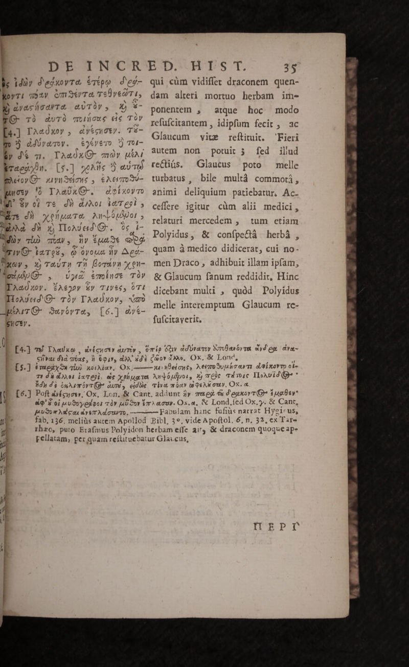 | LE 1d3y d'edxoyTa. &amp; Tp) d'eg- herr: qmo39 cmatrTo TeB yea, OE qcaTa EET 424 - EO- 70 duTÓ mulcuc 86 TóÓy [4-] TAaÀxoy , Aia jg*y. Té- m 3 déiramwy. | Ep 46 n. Iaa0xG- moy 7I2N] ETaeo)i. L5. ] SE 2 eU Tt) EAcor(G- xuvnSeiont , Em un ov *ó I^a)xGr. d.i xoyTo 1^ &amp;y oi T€ dU dol Pu $ m dh XenuTe Apo uot : Maa dy 2 Toad d hG-. 9€ 1- n; Ti E nv $t eps mv 1 IXT (s  oyoua ny Aee- cC^b6/,TC^ E £)^1 e^o  704 TIXtoY X,TA&amp;UT» T Bor» Xen E pu up G- , U P em: dt TÜVy TAa. SA 620y Ey TIV&amp;6; OTI IHoAUad €- TÓy TAaUxov, VEDO Jp$uTO- 3uróyra, [6.] evt- CuHcty. uricycty eT , [4.] ^W IAa/xo, 35 qui cüm vidiffet draconem quen- dam alteti mortuo herbam ime ponentem , atque hoc modo refufcitantem , idipfum fecit , ac Glaucum vite reftituit. — Fieri fed iliud poto melle bile multà commoti, animi deliquium patiebatur, Ac. ceffere igitur cüm alii medici, autem non potuit j rectias. — Glaucus turbatus , tum etjam Polyidus, &amp; confpe&amp;tà herbà , quam à medico didicerat, cui no- men Draco , adhibuit illam ipfam, &amp; Glaucum fanum reddidit, Hinc dicebant multi , quód Polyidus melle interemptum | Glaucum re- relaturi mercedem , fufcitaverit, [5.] 6 TRY SW qui otia. Qx .,. xi nÜeiayt, Aeivro Sunday m dieíxovrm a jp e puo 9 Adlc as a y87T Ac oto. - Fabulam hinc fufiüs narrat Hyeieus,