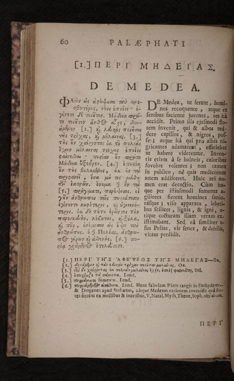 À b e EET d cD^s7 eos eoe Luo 21 «y £- | of UTEpus, yeuc &amp;Trol&amp; * £- HI X e / , )&amp;V*To JY Toiswy. Mídtia meo- nM ! 3 (- fe Y / $ X * ro dudUoy [2.] IL Ad xàs 7 010 aou N d EM ; , T$ Tela y X) MiA daas. L3.] -  P] 0 45g 6y y e29oVTU; cU Ta WOAILGS »/ / , 3 , EXCV MzAcuyOE TOLVus — eol&amp;l , B6 / eeuyecóo« * — Wvelow wv eeu / $i 5 , Md ve edpev. [4.] e7v&amp;u (3* M LN ^ &amp;y Té€ ÜuAouM se, xw cy Tt d cl / / «0904/€1 , Mye uM m. uan gp 5 e »/ : TI. j vj) ia7eQy. yop 7j Wy , P IY € [5.] ey uu; apenas. ol y5v avSpoaot TUS 70d TEOTY 2 , / N c / » * / c ^s i 79691. Ci, d T&amp;'Tu Opy7te TV ^ 4 M 4 - a M e , TApeCX ÓUW., AtCWTUR, IX) EUAG, ^o E € eps N P) 7p» cJ 0 Lu quty Q6 € vl T$ eySpovués. 07) IleALaz, ay 3p u- h 2 (c, N - q (G- yepev 1, axevie, [6.] zu- eia, yea even domes. 4 Ww ] HEPT (012 214. vTX crx. Lond, TU guam tomen'o. Lond, E Medea, ut ferunt , homisy nes recoquente , atque eE fenibus faciente juvenes, resi accidit. Prima illa ejufmodi flos rem invenit, qui &amp; albos red? dere capillos, &amp; nigros, pofeg fe:5 atque ità qui pro albis nisl ?ricantes adamaremt , efficiebat ut habere viderentur. Invensy tis etiam à fe balneis, caloribü$ fovebat volentes 5 non ramel in publico, né quis medicorumy artem addifceret, Huic rei no9 men erat: decoCtio. Cum iras que per iítiufmodi fomenta 228 giliores - fierent homines fanios réfque 5 vifo apparatu , lebeties bus fcilicet , lignis , &amp; igni, ue tique cocturam illam veram exe iftimabant. Sed eà fimiliter us fus Pelias, vir fenex , &amp; debilis; vitam perdidit. TH'Z MHAEI'AZ-—Ox HEP