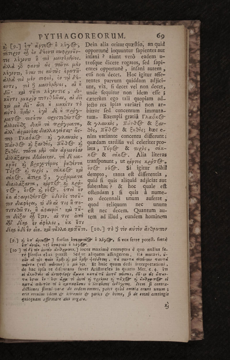 ix; L9-] eT dprsO- o A05, au Tt £V od Cy J'soym codd 2 idm Bow Acpvym i To) nenyopAot. Pax j9 ouvn 9*4 TUUTA EY Batooys, ómur T6 QUTUS sid LdxNd qoi piv 00901, C) T0) d 'e- oyT:, T )) uat yo pApol y eiu dU 3h TETO A&amp;)PVTSe » dh- XzVT! pix esy 7T Ud luo au , e da 12 u^ du: Qse UMXETI TÓ guTÀ du v) d&amp; s T eg-y- quu (O- mor To ceosT2S&amp;v T C dANoIEA, dix TU tr egry uem EN dioit at dig NN ye a ag m 7b TYAa0xQG- 3j Nau Yos y Zápr30- x); £a, Zw2CO- x ZuSoc. Tub T UD ày dpuovidy dXXa aT diuenew. 22) dE uda D xps 3 Bea.ou Tipos pustya PL TveG- X, T(£96 » quXAXGQ- xg P ouxG-. dTe4 5 vespa E damdzarme , xioTG- x, xXee- 70-, ovQ- xj v6G-. eme uy gx dzeupsSévrT(O- udvós Togi- quy d)&amp;oéoet, zi dea Ti6 ll vro- TITLE un TR uh Ti- T0 düio ol (zw. ei Tig cumO TW. d»Q y doeAor, vX* tT7I Dein alia oritur quxftio, an quid opportuné loquuntur fapientes aut infani ? aiunt veró eadem u- trofque dicere rogatos, fed Ífapi- entes opportuné , infani autem , etfi non decet. Hoc igitur affe- rentes parvum quiddam adjici- unt, viz, fi decet vel non decet, unde fequitur non idem effe ; ceterüm ego tali quopiam ad- je&amp;o res ipías variari nom ar- bittor fed concentum immuta- tum, Exempli gratià TAadx(G- &amp; yAauxó, Edv9(Qr- &amp; Eay- Sig, Eg£9O- &amp; £s3; hxc e- nim variante concentu differunt: quzdam tardiüs vel celeriter pro- lata, TopCO- &amp; ves, ocux- xX(CG- &amp; cvuxG-. Alia literas cranfponunt , ut «pros XeoT GO, op(G- v6G-. Si igitur nihil dempto, tanta eft differentia , quid fi quis aliquid adjiciat aut fubtrahat ? &amp; hoc quale eft oflendam 5 fi quis à nume- ro decennali unum auferat , quod reliquum — nec — unum eft nec decem. Quantum au- tem ad illud , eundem hominem —J ré |fenfus elici poteft ltà mutavi, g- ei dA» c di dymQdode duec qT« ÍgadA 9^ xa4&amp;Taà TÉ duTÉ gücui, dW'o» d£ deray-