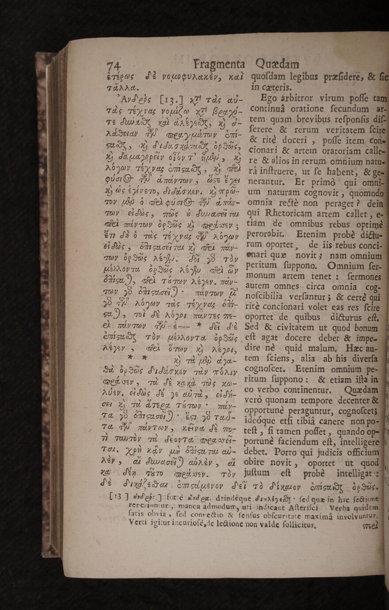 eTéoue d'é vousQUuAmxéy, xal TÀAAMC, &amp; a » -Avd'ec [13.] x7! 7d« av- je os , / P/Ti ^ He Té Ttyvag vouiQo x Bpgog 7t dtu) xoXC X094 GATA o, X d- , 2p , P] y, AaSeuay qj qQEeyWwrTV. cm- x e * FLU Suo, d d Ldora xd disi X, duuauonpeiy oj6y 7. WM y 2 , , , * CN A030V 7íyydg CgueX, , X4 qi ; cU OS e qe» QUeiG- M dzoymY , 06t £n X € 5 l4 , x e^» 4) 06 €Aveo, diduawev. x, po- 3 c CN , re Q2 n EN E^ TV UN 0 qe ounO- TM. mmy- P] AN e^ 2 did JUV &amp;idbe, zm € duoumoe ru P , 5 ^ hT , COCÀ 7TLV'TUV Op-D$ JL 4QpdostV s 5? S N e Qe P $7 dà 0 Tug TéyVur dij AOunY 5 A -z ^; X E L edic, ómeuctt su X, «EL TUV- 5 ^» 4 0 fX Ct Ms TUy Op2U0$ At. dh 38 TÓV ; ? ^v 71 A seen EMÉNOVTU opSUs AtwyWU GC Gy m 14 * » F ? t », ^» *( F e qUy 30 éXieucn ):. mmy qQ cpp / * , 2f 99 «4Y- ^090V u$ JtYVOt Ó7- n N * / , qu), o d AÓ301 WWE TTe- M / wn.» ^) Y €l zT) qu-e-— * d&amp;u Jj » , Cy A C -. ei € sumo TOV. ME£AXoy Te, 0p.jo$ i eo c/ r4 &amp;€)5V $ (CL OTDy ^€20t, * x* 2 T po eta Ow opSoe dudMexsy Ry mrÜMIV QQeosty , T JE X0 xd TÜ ito- AUsy, &amp;id9s J€ j« admi, cidY- N N e F , C67 )4 'U Q7tCo Twy ^ muy- Pb 24 ^ 5/ e 4 yo 671cu.ce1 .) 4 &amp;£62. 30 T4&amp;Ó- gn / o N T&amp; Tq müWTOV, XXV di zm- M EC M , - ax 7] TUUTOV Uu doyTeo qveaova- ^ N P 5 XO, uM Óó6wISu TW 0u- mw 77 * J dace ^) QDAeV , e 7 av , N X^ d*w quTO qeedwy. Ty [1:3 ] &amp;yd eo: .] for.é sd'eg, quofdam legibus prefidere, &amp; fie in cgteris. | Ego áarbitror virum poffe tam continuà oratione fecundum ar4 tem. quam brevibus refponfis dif- ferere &amp; rerum veritatem fcire &amp; rité doceri , poffe item. core cionari &amp; artein oraroriam calles re &amp; alios in rerum. omnium natus ràinflruere, ut fe habent, &amp; ges nerantur. Et primó 'qui omnie um naturam cognovit, quomodo omnia recté non peragert? deinj qui Rhetoricam attem callet , e tiam de omnibus rebus optimé perorabit, Etenim probé di&amp;tu- rum oportet, de iis rebus conci-3 enari que novit; nam omnium peritum füppono, Omnium fer- monum artem tenet : fermones autem omnes. circa omnia cog- nofcibilia verfantur; &amp; certé qui rité concionari volet eas res fcire oportet de quibus di&amp;urus eft, Sed &amp; civitatem ut quod bonum eft agat docere deber &amp; impe- dire né quid malum, Hzc au- tem Ífciens, alia ab his diverfa cognofícet, Etenim omnium pe- ritum füuppono: &amp; etiam ifla in co verbo continentur, — Quedam veró quonam tempore decenter &amp;3 opportune peraguntur, cognofcetj ideóque etfi tibià canere non po- teft , fi tamen poffet , quando ops portuné faciendum eft, intelligere debet. Porro qui judicis officium obire novit, oportet ut quodg juftum . eft probé intelligat:z3 uti ind!cart Afterifci — Verba quidem T VIsCA