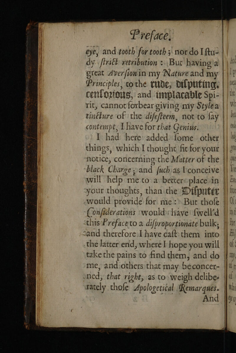 dy firsck retribution +. Bur having’ a great Averfionin my Nature and my | by / { } contempt, I have for that Genius. things, which I thought fit for your black Charge.and fuch.as Vconceive ( onfiderations ‘would have! {well’d this Preface toa di/ proportionate bulk, the latter end, where I: hope you will take the pains to find them, and do me, and others that may beconcer-