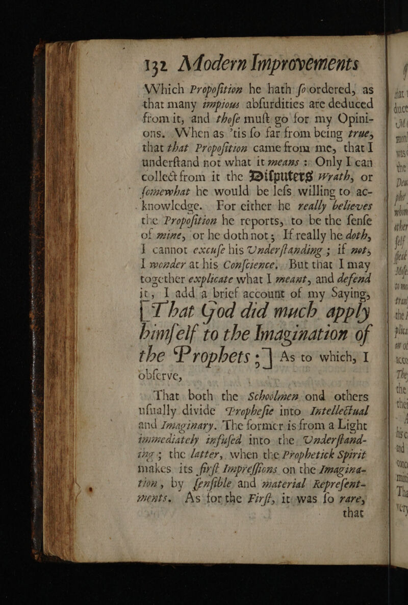 Which Propofition he hath fovordered, as that many pious abfurdities ate deduced fromit, and zhofe mult go for my Opini- ons. When as ’tis fo far from being true, that that Propofitiom came from me, thatl underftand not what it means: Only Ican collet from it the Btifputets wrath, or formewhat he would be lefs willing to: ac- knowledge. For either he really believes the Propofition he reports, to be the fenfe of mine, or he dothnots. Itreally he doth, J cannot excufe his Underftanding ; if nots 1 wonder at his Confczence,,, But that I may togcther explicate what | meant, and defend ing Luadd a briet account of my Saying, | That God did much. apply himfeif to the Imagination of the Prophets ; | As to which, 1 obferve, That both the. schoolmen ond others ufually divide TLrophefie into Intellectual and Imaginary. The former isfrom a Light imimediately infufed into the, Underftand- ing; the latter, when the Prophetick Spirit makes its furjt Impreffions on the Imagina- tion, by fenfible and material Reprefent- ments, As torthe Firft, itwas fo rare, that