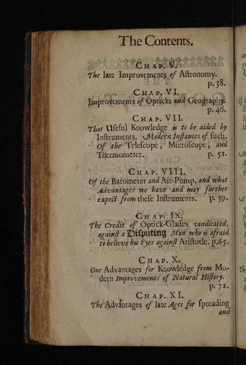 : Cn ARAL TSAR The late Improvements of Aftronomy.. p. 38. ) CHA Re Veleiee , fs Improvements of Opticks a#a Geography. lop | Cuap. VII. iy That Ufeful Knowledge # to be aided by Inftruments.” Modern Inflances of Luch. Of ‘the Telefcope , Microfcepe, axd Thermometer. p. 91. CHap. VITY, Of the Batometer 2#d Air-Pump, and what Advantages we have and may further expect from thefe Inftruments. —_p- $9- GH Ape TX, The Credit. of Optick-Glafles vindicated, againft a Difputing A422 who w afraid to believe his Eyes againft Ariftotle. p.65. CHAP. X. ae Our Advantages for Knowledge from Mo- ~ dern Zmprovements of Natural Hiftory: | p75. , CHarp. XI The Advantages of late Ages for {prcading GA