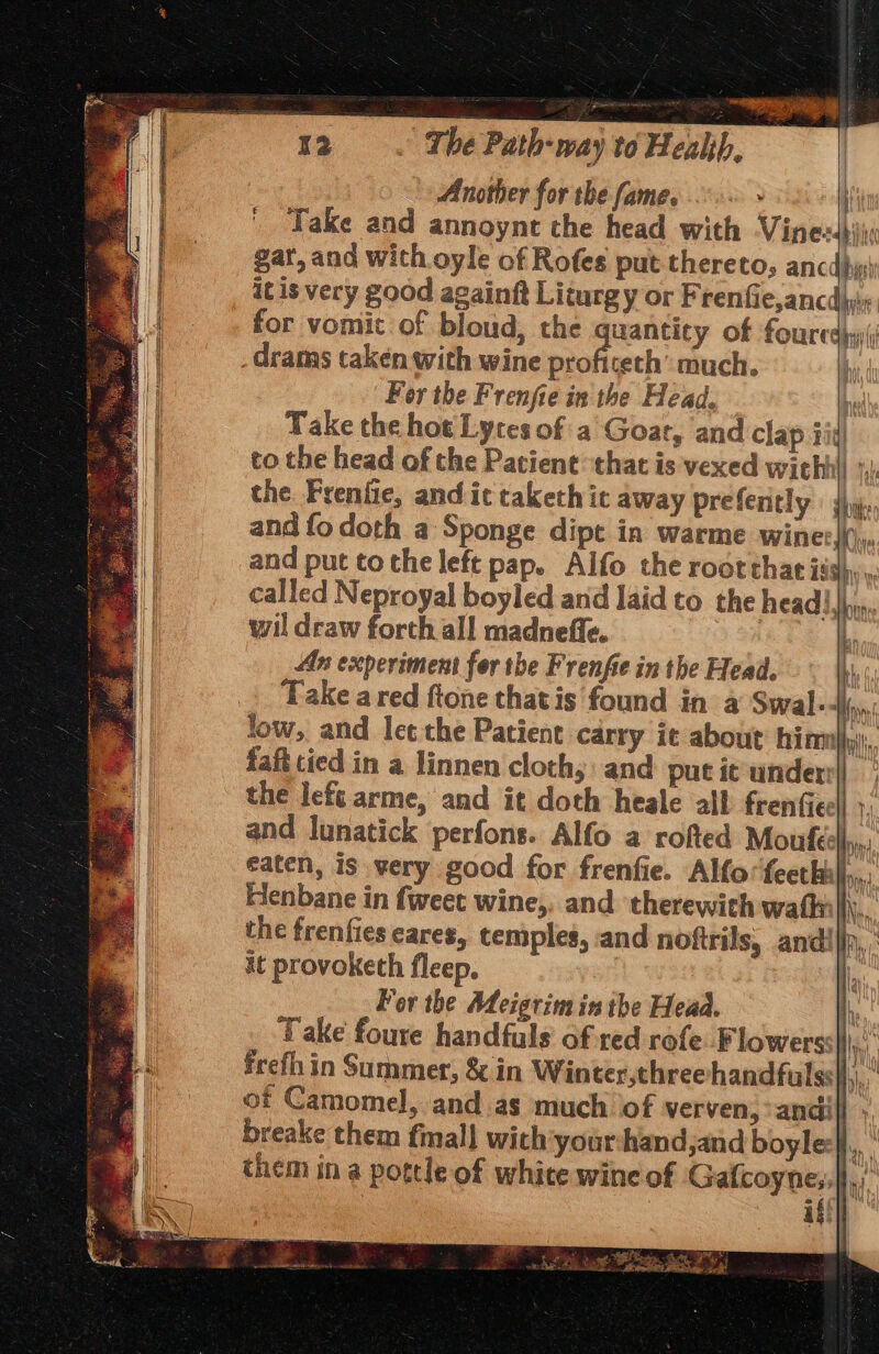 Another for the fame. qi Take and annoynt the head with Vinesdiix: gar, and with oyle of Rofes put thereto, ancdhy: itis very good againft Liturgy or Frenfie,ancdyi.. for vomit of bloud, the quantity of fourcd yi _drams taken with wine pial teth’ much. t For the Frenfie in the Head. ne Take the hot Lyces of a Goat, and clap iid] to the head of the Patient that is vexed withh| the Frenfie, andit taketh it away prefently and fo doth a Sponge dipt in warme wine] and put tothe left pap. Alfo the rootthae iis called Neproyal boyled and laid to the head), | wil draw forth all madneffe. An experiment for the Frenfie in the Head. |i Take ared ftone thatis found in a Swal- dk fow, and lee the Patient carry ie about hinnijyi;, faft tied in a linnen cloths: and. put it under @ the left arme, and it doth heale all frenfieel) }, and lunatick perfons. Alfo a rofted Moufeeh, eaten, is very good for frenfie. Alfo: feethi}}, Henbane in fweet wine,. and therewith walin|i\,,. the frenfies cares, temples, and noftrils, and! I i it provoketh fleep, a For the Adcigrim in ibe Head. | Take foure handfuls of red rofe. Flowers| frefh in Summer, 8¢ in Winter,threehandfulss}),, of Camomel, and.as much of verven, andi breake them fmall wich'your:hand,and boylec}i.,. ° them ina pottle of white wine of Gafcoyne;, if! € ‘ice Whee | Wat , { Ta] i: if I i a2 ri Tory We Re eer a ae ie) 2 ke Sek&gt;.. “ Eni DY Bae ee