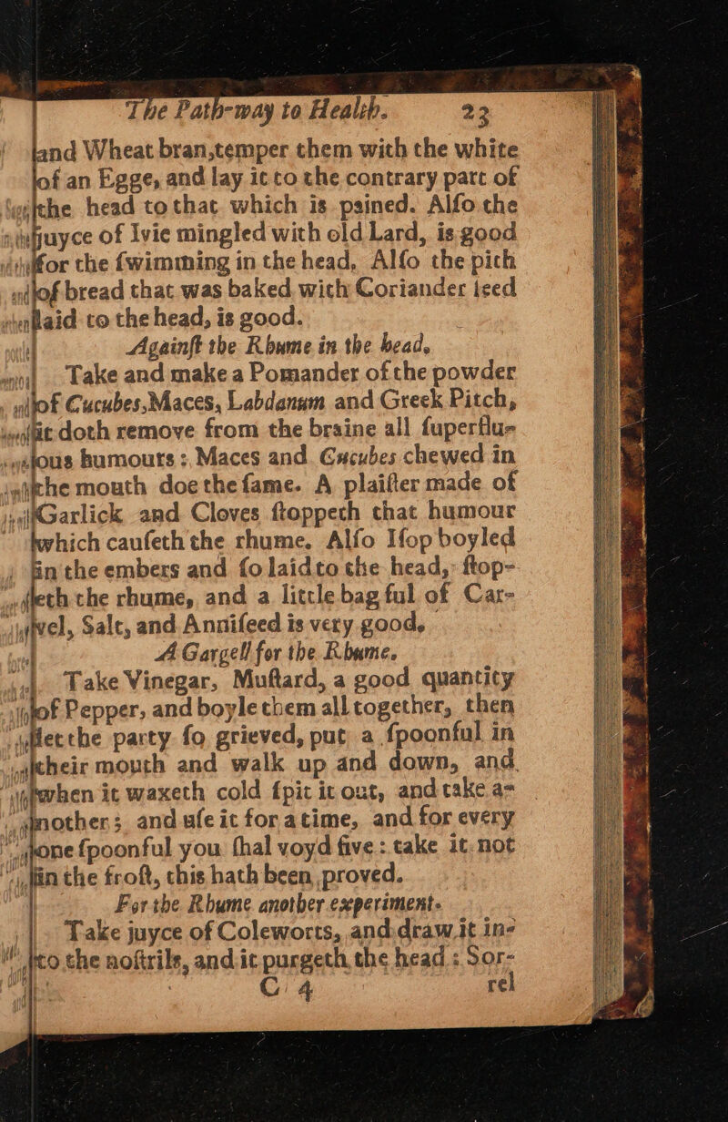 nd Wheat bran,temper them with the white f an Egge, and lay icco the contrary part of ‘ithe head tothat which is pained. Alfo the nivuyce Of Ivie mingled with old Lard, is good “ior the f{wimming in the head, Alfo the pich n(jof bread chat was baked, with Coriander iced suntaid co the head, is good. ; Againft the Roume.in the bead, won) Take and make a Pomander of the powder . ullof Cucubes,Maces, Labdanam and Greek Pitch, “fit doth remove from the braine all fupertlu- _»afous Rumours :,Maces and. Gucubes chewed in .aifthe mouth doe the fame. A plaifter made of (Garlick and Cloves ftoppech chat humour which caufeth the rhume. Alfo Ifop boyled , fin'the embers and fo laidto the head,: ftop- infec che rhume, and a litcle bag ful of Car- jjyiwel, Sale, and. Annifeed is very good, - ; A Gargell for the Kbame. | Take Vinegar, Muftard, a good quantity jphof Pepper, and boylethem all together, then ‘ylecthe party fo, grieved, put a fpoonful in ,qftheir mouth and walk up and down, and. ‘yppahen it waxech cold fpit it out, and take a= mother; and ufeic for atime, and for every “_qwone{poonful you thal voyd five: take it. not ‘in the froft, this hath been proved. Forthe Rhume another experiment. _, |. Take juyce of Coleworts, and.draw tt ine Mm feo che noftrils, and ic purgeth the head : Sor- ate es C4 | rel di nA) i Hi t Anh
