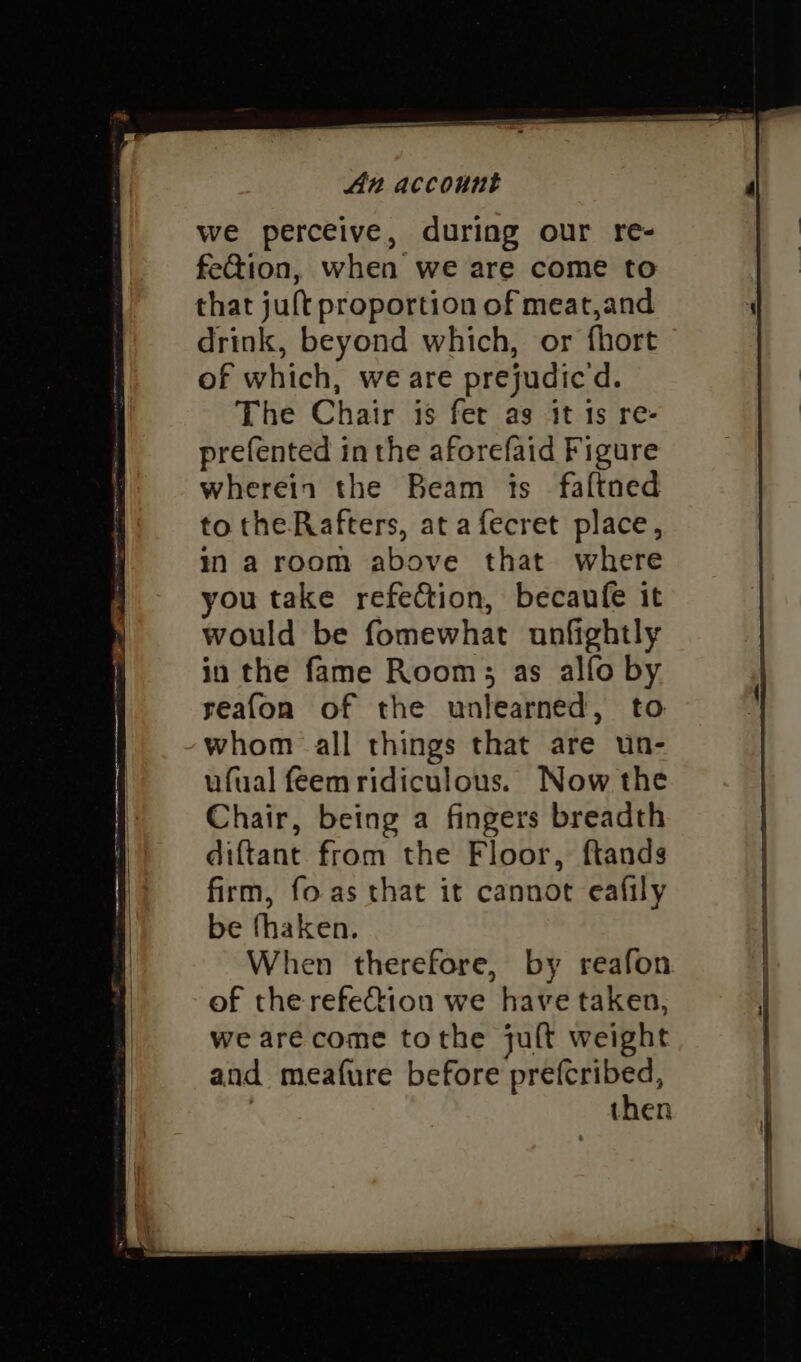 An account we perceive, during our re- fection, when we are come to that juft proportion of meat,and drink, beyond which, or fhort of which, we are prejudic d. The Chair is fer as it 1s re- prefented in the aforefaid Figure wherein the Beam is faftned to the Rafters, at afecret place, ima room above that where you take refeéion, becaufe it would be fomewhat unfightly in the fame Room; as alfo by reafon of the unlearned, to whom all things that are un- ufual feem ridiculous. Now the Chair, being a fingers breadth diftant from the Floor, ftands firm, fo.as that it cannot eafily be fhaken. When therefore, by reafon of the refeCtion we have taken, we are come tothe jult weight and meafure before prefcribed, | then