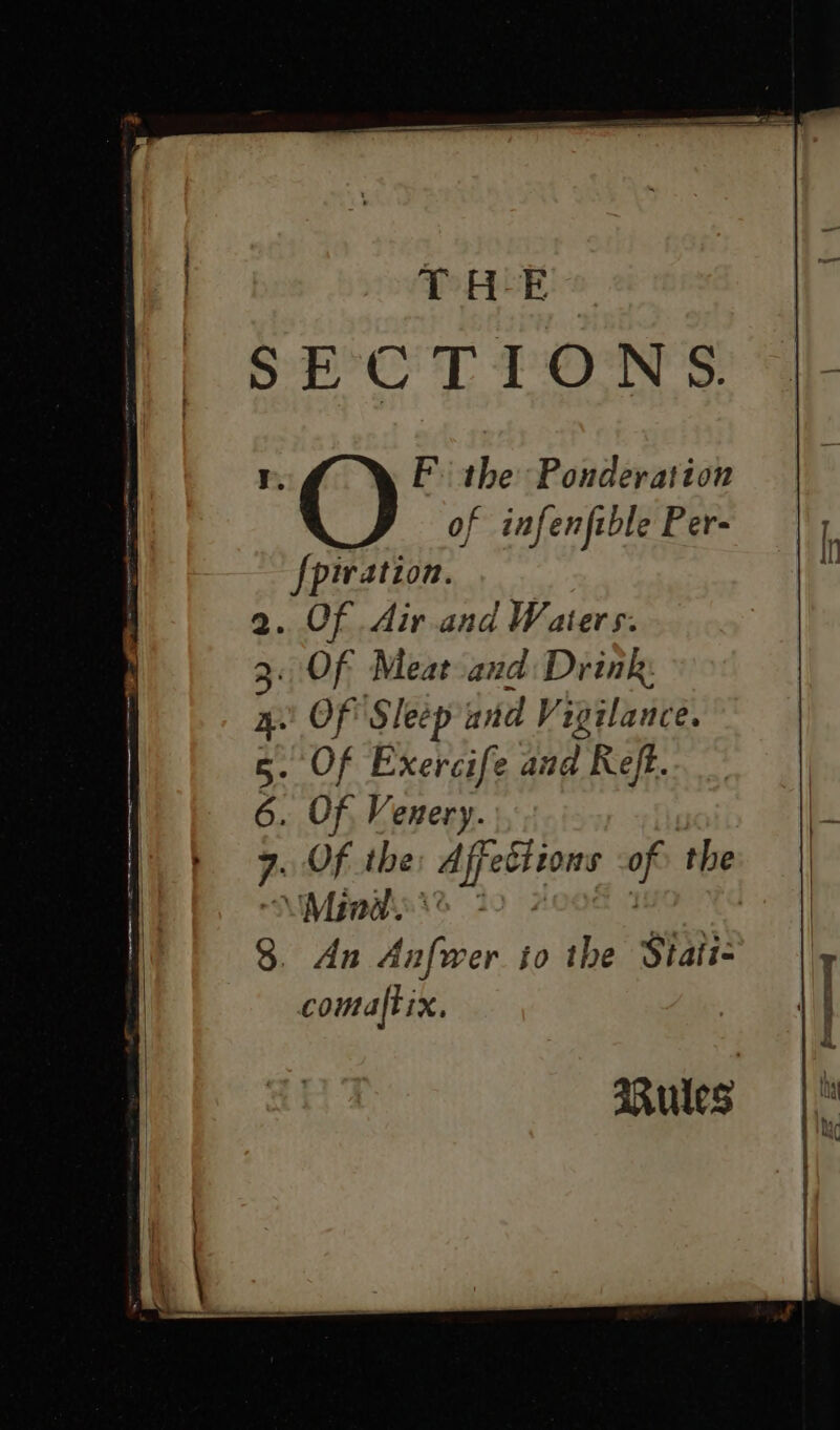 TH-E SECTIONS. I. O F the: Ponderation of infenfible Per- |) {piration. . Of Air and Waiters. Of Meat and Drink: Mind % | | _ An Anfwer to the Stati= |\y comaltix. | \\} Rules |”