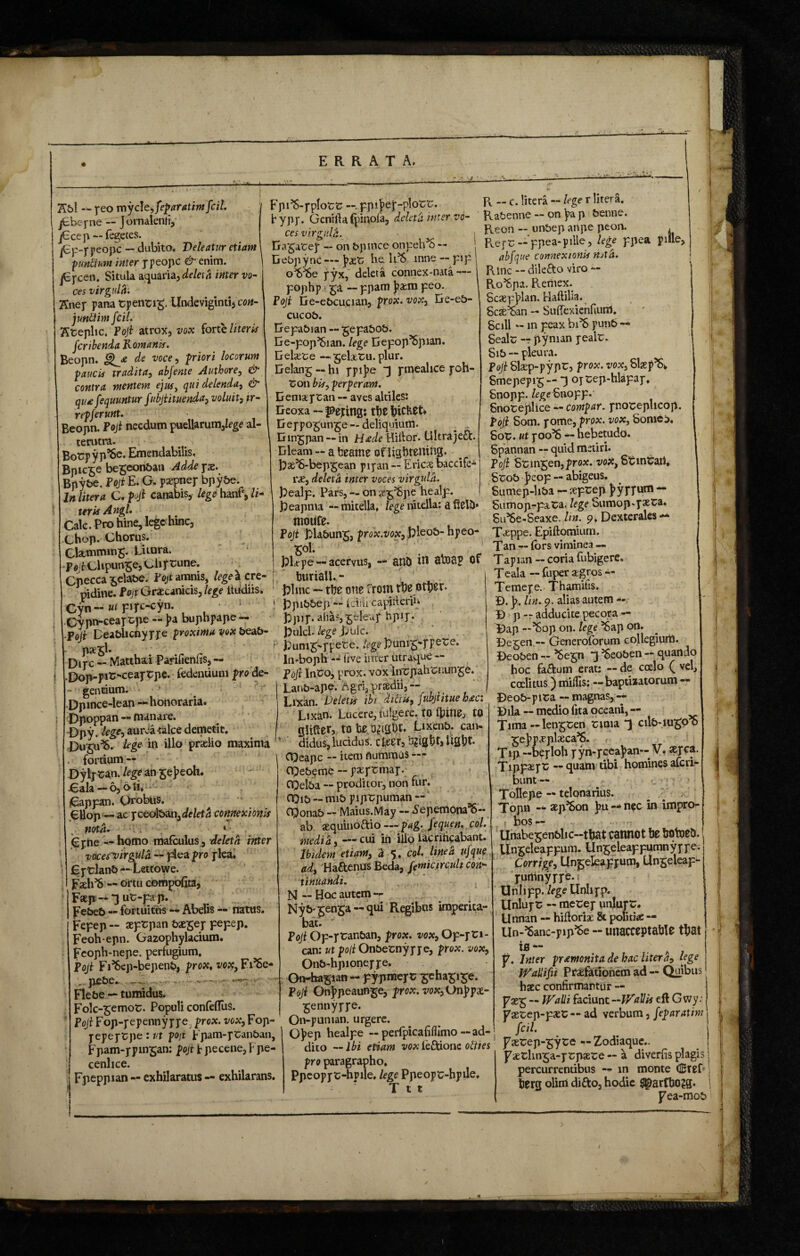 Abi — peo mycle, feparatim fcil. jCbepne — Jomalenii, jEcep — fegctes. jGp-ppeopc — dubito. Deleatur etiam p unii urn inter ppeopc &enim. jCpcen. Situla aquaria,deleta inter vo¬ ces virgulti: Anep pana tpentig. Undeviginti, con- juntlim fcil. Ateplic. Poji atrox, vox forte Uteris fcribenda Romanis. Beopn. JjJj* de voce, priori locorum paucis tradita, abfente Authore, & contra mentem ejus, qui delenda, & qv.£ fequuntur fubjiituenda, ir- repferunt. ; Beopn. Pojf necdum puellarum,kge al¬ terutra. Bocpyp^Se. Emendabilis, Bpic^e begeonban ^4^ pae. Bpybe, Poj* E. G. pzpnep bpybe. I» litera C. canabis, /ege hanf', It¬ uris Angi. Calc. Pro hine, lege hinc, Chop. Chorus. Claiming. Litura. PoLClipun^ejClip^une. Cpecca gelabe. Pojt amnis, legel cre¬ pidine. Pojr Graecanicis, lege itufdiis. Gyn— xt pipc-cyn. Cypn-ceapspe *“ )>a buphpape — ■Poji Deablicnyppe proxima vox beab- Dijx -- Matthai Parifienfis, — i .Dop-pi^-ceaptpe. fedentium pro de- - gentium. Dpmce-lean —honoraria. Dpoppan — manare. Fpi’S-pplosc — ppij>ef-plot;t;. fypp. Gcnilla fpinofa, delet'd inter vo¬ ces virgula. T)py. lege, aurea-take demetit. Dugu^S. lege in illo praelio maxima . fortium -t * Dylptan. lege an gej>eoh. Cala—6, oli, (Cappan. Qrobus. Cllop—ac pceol&an ,dcletd connexionis nota. * (£pne — homo mafculus , deleta inter vnces~virguld — plea pro plea. Epfclanb —iLettowe. paeh^S — ortu compofita, ' F*p*3 ut-pp. j-Tebeb — fortuitus — Abelis — natus. Fepep — aeptpan baegep pepep. Feoh epn. Gazophylacium. fcoph-nepe. perfugium. Pojt Fi’Sep-bepenb, prox, vox, Fi^Se* , pebe. - —7■ Flebe — tumidus. Folc-gemor. Populi confefliis. Poji Fop-pepenny ppey prox, vox, Fop- pepeprpe : ut pojt Fpam-pcanban, Fpam-ppingan: pojt tpecene,Fpe- cenlice. Fpeppian — exhilaratus — exhilarans. Gagatef — on bpmce onpeh’S — Gebpync— px.t he. It’S mne — pip o^e pyx, deleta connex-nata —- pophp > ga ~ ppam pzm peo. Poji Ge-ebcucian, prox. vox, Ge-e&- cucob. Gepabian — gepabob. Ge-pop’Sian. lege Gepop^pian. Gehete — gelatu, plur. Gelang — hi ppi)>e pmeahee poh- ton bis, perperam. Gemaptan — aves altiles: Deoxa - peping: the bkket* Geppogun^e —deliquium. . Gingpan~in H&de Hiftor. Ultrajeft. Gleam — a beame of lightening. fra’S-bepgean pipan — Erica? baccife- rae, deleta inter voces virgula. Pealp. Pars, — onagpSpe healp. ]3eapn\a — mitella, lege nitella: a ftelb* moufe. Pojt ftla&ung, prox.vox, pleob- hpeo- gol. JpGpe —acervus, — an& in atoap of | huriall.- 1 plmc — the one from the other. i frpibbep — feim capitterih fcp>G alias, geieuf hpip. frulcl. lege P jiiunig-ppete. lege Pum^-ppere. In-boph — five inter utraque — pojt InCo, prox. vox lircpahoiiunge. Lanb-ape. Agri, prsdii, - Lixan. Deletu ibi dictis, fubjtitue h£c: Lixao- Lucere, fulgere, to fyine, to glifier, to benight. Lixenb. can¬ didus, lucidus. cteer, r^ight, light- CT3eapc — item numraas — OQeb$mc - paeprmap. ClQelba — proditor, non fur. OQi& — mib pipcpuman — CQonab — Maius.May — iSepempna1^- ab jequinoftio —pag. fequen. col. media, — cui iii illo iacriticabant. Ibidem etiam, d 5. col. lined ujque ad, Hattenus Beda, femicircuh con¬ tinuandi. N — Hoc autem - —- Nyb- renga — qui Regibus imperita¬ bat. ' Poji Op-pkanban, prox. vox, Op-rCl¬ ean: utpoji Onbecnyppe, prox. vox, Onb-hpioneppe. Oo-hagian - pypmepc ^eha^i^e. Poji OnJ>peaunge, prox. vox,Unpysc- jgennyppe. On-punian. urgere. OJ)ep healpe — perlpicafiflimo — ad-j dito —Ibi etiam vox leftione oUies pro paragrapho, Ppeoppt-hpile, lege Ppeopc-hpik. T t t R - c. litera - lege r litera. Rabenne — on ]pa p benne. Reon — unbep anpe peon. , Pverc — ppea-pille, lege ppea pille, abfque connexionis nAa. Rinc — dilefto viro — Ro^pa. Remex. Scaspj?lan. Haftilia. Scse%an - Suffexienfiunrt. Sc ill — in peax bi^S punb — Seale — pyman peale. Sib — pleura. Poji Shep-pypr, prox. vox, SGp^ Smepepi^-) ojtep-hlapap. Snopp. k^e Snopp. Snoeeplice - compar, pnorepheop. Poji Som. pome, prox. vox, Somfco, Soe. ut poo^S — hebetudo. Spannan -- quid metiri. Poji Scingen,prox. vox, SEinicati, Srob heoF ** abigeus. Sumep-hba - leprep J>yrr«m — Sumop-pata. lege Sumop.pseca. Su’Se-Seaxe. Un. 9, Dexterales — Tappe. Epiftomium. Tan — fors viminea — Tapian — coria fubigere. T eala — fuper aegros — Temepe. Thamifis. ’£>. p. Un. 9. alias autem -* D p -r adducite pecora — Dap —’Sop on. lege ^ap on. Degen — Generoforum collegium. Deoben — ’Segn *3 ^Seoben — quando hoc fa&um erat: — de ccelo ( vel, ccelitus) midis: — baptiiatorum — Deob-ptca — magnas, -- D lla — medio fita oceani, — Tima — lengren rinia “3 cilb-iugo^S gejpp^plieca’S. Tip —beploh pyn-pcea))an— V. sepca Tippseps — quam tibi homines aferi- bunt — Tollepe — telonarius. Topn -- xp^Son J?u -■* nee in impro- ( boS — ... Unabegenblic-that cannot he hotoeD. Ungeleappum. Ungeleappumnyppe. Corrige, Ungeleappum, Ungeleap- purtinyppe. Unlipp. lege Unlipp. Unlupr — mecep unlurtr. Unnan — hiftorix & politiae — Un-’Sanc-pip’Se - unacceptable that tS . A » y. Inter pramonitade hac litera, lege Wallifi Praefationem ad - Quibus haec confirmantur — pasg — IVaUi faciunt —Wallis eft G wy: faecep-paec — ad verbum, feparatim fcil. faerep-gyee — Zodiaque.. faechnga-pcpaere — a diverfis plagis j percurrentibus — in monte CBteF j herg olim difto, hodie $^arCbo?g. \ VI j i -