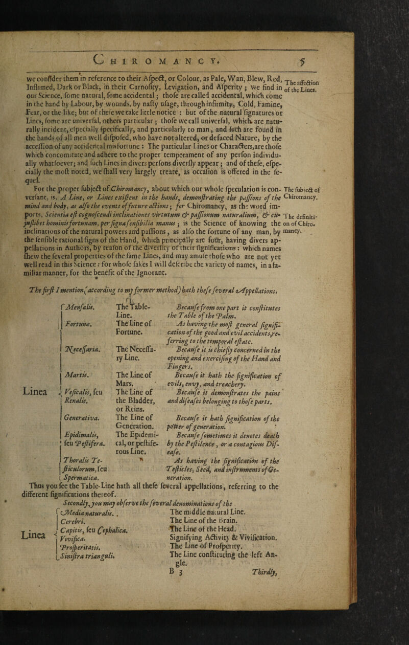 --- i ^-■:-^ weconffder themin reference to their Afpeft, or Coiour, as Pale, Wan, Blew, Red, xhc ag-gAio^j Inflamed, Darker Black, in their Carnofity, Levigation, and Afpetity ; we find in of the Lines, our Science, feme natural, feme accidental; thofe are called accidental, which come in the hand by Labour, by wounds, by nafty ufage, through infirmity, Cold, Famine, Pear, or the like; butof ihefe we take little notice : but of the natural'fignatures or Lines, feme are univerfal, others particular; thofe we call univerfal, whiclv arc natu¬ rally incident, elpecially fpecifically, and particularly to man, and fudi are found in the hands of all men well difpofed, who have not altered, or defaced Nature, by the acccfiion of any accidental misfortune ; The particular Lines or Chara6iers>are thofe which concomitace and adhere to the proper temperament of any perfon individu¬ ally whaefoever; and fuch Lines in divers perfons diverfly appear; and of thefe, efpe- cially the moft noted, we lhall very largely treate, as occafion is offered in the fe- quel. For the proper fubjefi of Chiromancy^ about which our whole fpeculation is con- The fubied of verfanc, is, A Lincy or Lines exifient in the hancls^ demonflrating the fujjions of the Chiromancy. mind and body y as alfo the events of future aElions • Chiromancy, as th-^ word im¬ ports, Scientia eft cognofeendi inclinationes virtutum & pajfionum naturalium, & cu* The definiti- jufihet hominisfortunam,perjignafenfihilia manusis the Science of knowing the on of Chlro. inclinations ofthe natural powers and paffions, as alfo the fortune of any man, by maucy. the fenfible rational figns of the Hand, Cvhich principally are four, having divers ap¬ pellations in Authors, by reafon of the diverficy of their fignifications; which names (hew the feveral properties of the fame Lines, and may amufc thofe who are not yet well read in this Science; for whofe fakes 1 will deferibe the variety of names, in a fa¬ miliar manner, for the benefit of the Ignorant. The fir ft I mention (according to my former method) hath thefe feveral tAppedations, Linea 'Afenfalis, Fortune. T^ecejfaria. Martis. Veficalisy feu Renalis. Generativa. Epidimalisy ' feu *Pefiifera. Thor alls Te- fticulorumy fcu Spermatica. The Table- Line, The Line of Fortune. The Nccefla- ty Line. The Lintof Mars. The Line of the Bladder, or Reins. The Line of Generation. The Epidcmi- Becaufefrom one part it conftitutes the T able of the Falm. As having the mofi general fignifi'^ cation of the good and evil accident s.^rem ferring to the temporal eftate. Becaufe it is chiefly concerned in the opening and exercifing of the Hand and Fingers. Becaufe it hath the fignification of evilSf envjy and treachery, Becaufe it demonfirates the pains anddifeafes belonging to thofe parts. Becaufe it hath fignification of the po^er of generation, Becaufe fometimes it denotes death rous Line. cal, or peftife- by the Peflilence, or a contagious Dif~ cafe. As having the fignification of the Tefticlesy Seed^ andinfif-umentsofGe,, neration. Thus you fee the Table-Line hath all thefe feveral appellations, referring to the different fignifications thereof. Secondly ^you may obferve the feveral denominations of the Linca (J^'ledia naturalis, . Cerebri. Capitis, feu ^ephalica, Vtvifica, Trojperitatis, Simjira triangttlu The middle natural Line. The Line of the Brain. The Line of the Head. Signifying Aiffivit) & Vivification. The Line of Profperity. The Line conftituttng the left An¬ gle. B 3 Thirdly,