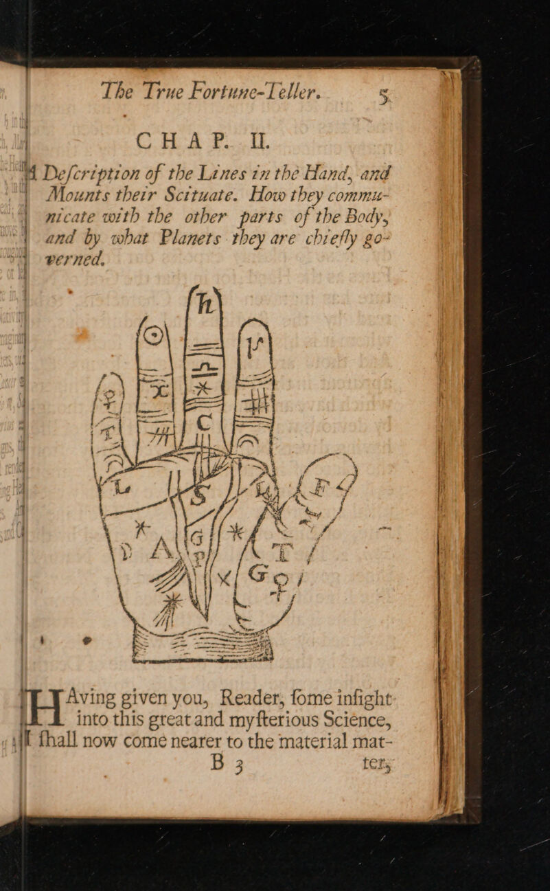 ) C HA PW... 1b 4 De/cription of the Lines in thé Hand, and ‘| Mounts their Scituate. How they commu- nicate with the other parts of the Body, | and by what Planets they are chiefly go- Sy] verned. PJ Aving given you, Reader, fome infight . into this great and myfterious Science, sl {hall now come nearer to the material mat- | B 3 fers