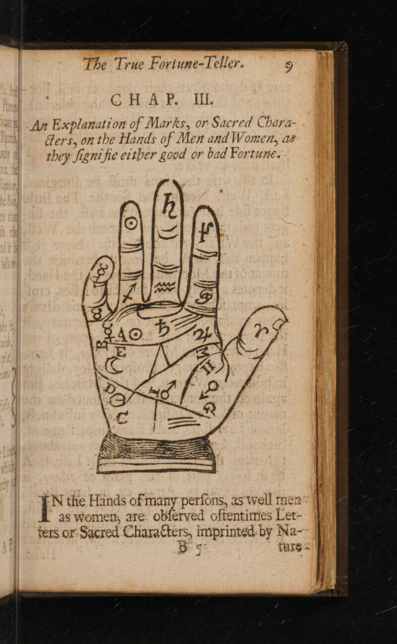 GH A;P.; UL i) An Explanation of Marks, or Sacred Chara- : fers, on the Hands of Men and Women, as hey figni fie either good or bad Fortune. Ain” ee. FN the Hands of many perfons, as weil men®: as women, are. oblerved oftentimes Let- ters or: Sacred Chara€ters, imprinted by Na-- Be 5” ture = #