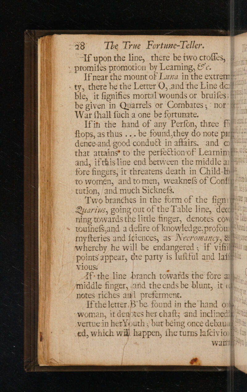 If upon the line, there be two crofles, promites promouc n by Learning, &amp;c. Ifnear the mount of Luva inthe extrem? - ty, there he the Letter O,.and the Line dct ble, it fignifies mortal wounds or bruifes: be given in Quarrels or Combates; © nor: War {hall fach a one be fortunate. Ifin the hand of any Perfon, three fh ftops, as thus ... be found,they do note put dence-and good conduct in affairs, and ¢ that attains* to ne ie pete ction of Learnim: 0, ifthis line end between the middle ay fore fingers, it threatens death in Child-bie to women, andtomen, weaknefs of Confil tion, and much Sicknefs. Mtoe o branches in the fort rm of the fign QUA liNs y going ¢ out of the Table line, decaf ning towards the little eee denotes cow) tous inet, and. aby sch of k now dee. poy a Pe se vy es will bi outro bit if vifi i points appear, the party is luft ful and lati Vious: | if the e line branch towards the fore a middle finger, Jand the ends be blunt, it «d notes riches anil preferment. tes ie letter, B be. found in the hand o “woman, it denotes her chait; and inclined vertue in her Youth , but being once debau ed, which will happen, ihe turns lafcivionf) ‘a wari te ey