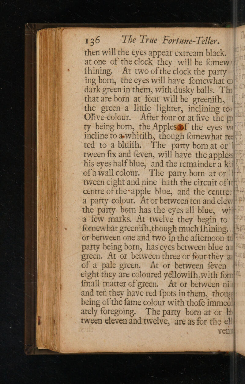 then will the eyes appear extream black. at one of the clock they will be fomew/}, ihining. At two ofthe clock the party | ing born, the eyes will have fomewhat o! dark green in them, with dusky balls. Thi that are born at four will be greenifh, ‘|| the green a little lighter, inclining tov}*”.. Ofive-colour. After four or at five the pp ty being born, the Applesi@f the eyes w incline to awhicifh, though fomewhat ree | ted to a bluith. The party born at or | tween fix and feven, will have the appless,,*’ his eyes half blue, and the remainder a kiil’ ofa wall colour. The party born at or Ili tween eight and nine hath the circuit of 1%) centre of the‘apple blue, and the centre:}* a party-colour. At or between ten and elew) the party bern has the eyes all blue, wit! a few marks. At twelve they begin to | fomewhat greenifh,though much fhining,. }*i or between one and two inthe afternoon ttl party being born, has eyes between blue aul green. At or between three or fourthey aaj of a pale green. At or between feven # eight they are coloured yéllowifh,with fon {mall matter of green. At or between niil and ten they have red {pots in them, thougd being of the fame colour with thofe immedi] ately foregoing. The party born at or b tween eleven and twelve, are as for the el ven
