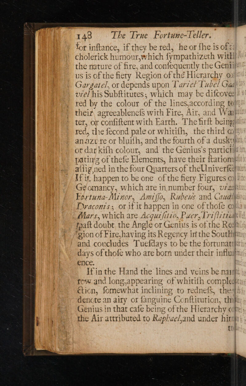 for inftance, if they be red, he or fhe is of cholerick humour,which fy mpathizeth with. us is pt the fiery Region of thé Hierarchy Gargatel, or depends upon Tarzel Tube! Gaa their agreeablenefs with Fire, Air. and Wa red, the fecond pale or whitifh, the third @ ot dar kifh colour, and the Genius’s partictik If it; happen to be one of the fiery Figures c ~— malt dou bt. the Angle or Genius is of the R days of thofe who are born under their influ ence. If in the Hand the lines and veins be nas tow and long,appearing of whitith comple¢ éticn, fomewhat inclining to rednefS, the denote an airy or fanguine Conttitution, th Genius in that ole bei ing of the Hierarchy ¢ the Air attributed to Raphae/,and under hin t1 ee ee