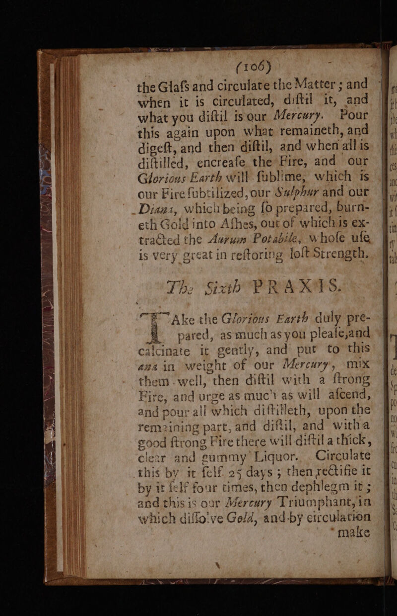 rl (106) the Glafs and circulate the Matter ; and when it is circulated, dıftil it, and what you diftil isour Mercury. Pour this again upon what remaineth, and digeft, and then diftil, and when allis diftilled, encreafe the Fire, and our Glorious Earth will fublime, which ts our Fire fubtilized, our Su/phar and our Dianı, which being {0 prepared, burn- eth Gold into Afhes, out of whichis ex- tra€ted the Aurum Potabile, whole ule is very great in reftoring lof Strength. 3 = 7 7 x BER © B ss. Pp t% . R &amp; IN: SIT JA AXES. it gently, and put to this weight of our Mercury, mix ¥ &gt; ° POTTY STE TTI { TYR 11nines + clear and gummy Liquor. «A this by it felf 25 days ; then rectifie ıt it felf four times, then dephlegm it; is is our Mercury Triumphant, in vhich diffo!ve Geld, and-by circulation make