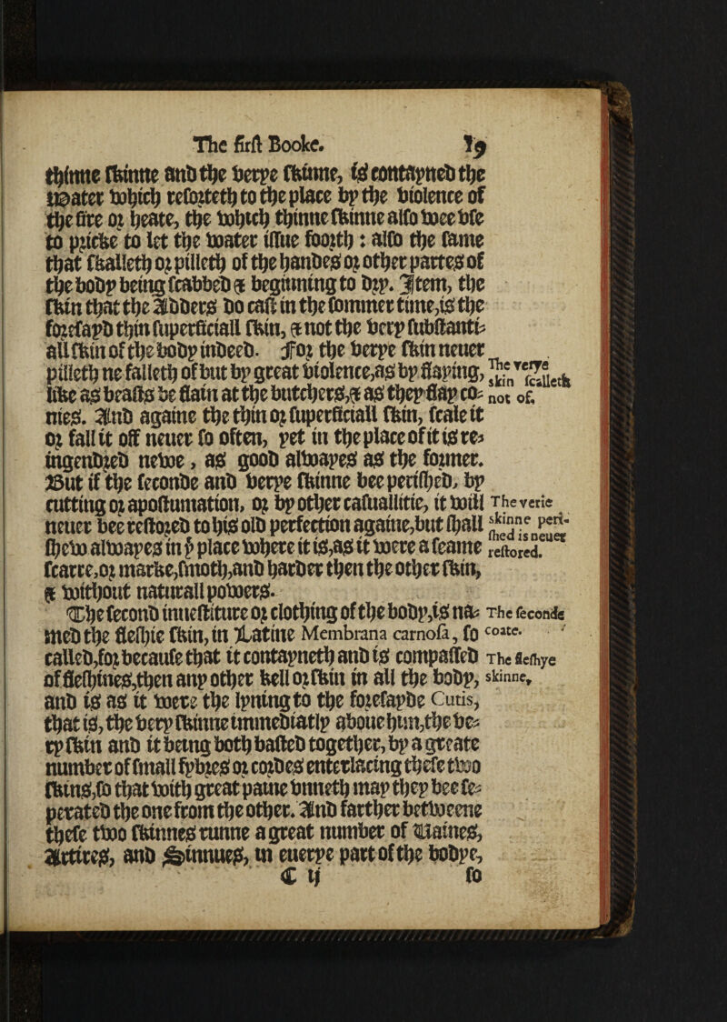 thittne ffeimte ant) the berpe ffctnne, $ cotttflpnct) the neater bohtch refotteth to the place bp the btolence of the fire ot heate, the bohtch thtnne ffcrnne alfo boee bfe to pjtt&e to let the boater (due fooith: alfo the fame that fkallethojtpilleth of the hanbes ot other partem of the bobp being fcabbeb 9 beginning to bjp. 3ftem, the ffemthattheaibbers bo call in the fornmer time,tsthe fotefapb thin ftipetfif tall ffcin, 9 not the bcipfubftantb aUffein of the bobp tnbeeb. foi the berpe ffein neuer ptlleth ne falleth of but bp great btolence,as bp flaping, t5 Te5J k Kite as beads be flaw at the butchers^ as thepflap co; not 0f, nteS. 3lnb againe the thin ojftiperficiall ffetn, fcalett oj fall it off neuer fo often, pet tn the place ofttts res tngenbieb neboe, as goob alboapes as the fotnter. jSut if the feconbe anb berpe flttnne beeperifheb, bp cutting ot apoduniatton, oj bp other cafttallitie, it both Thevetie neuer bee redojeb to hteolb perfection againe,but (hall *kTe p*”' ihebo alboapes in f> place bohere it ts,as it boere a feame reftored. fcarre,oj marfee,fmoth,anb harber then the other fttn, 9 botthout naturallpoboerS- 'Che feconb tnneftitttre ojt clothing of the bobp,tS n& The fecon* meb the dellpe ftUtl, in H-atiue Membrana carnofa, fo coate- calleb,fotbecaufethat itcontapnethanbts compaffeb The seihye offlelhtnes,then anp other bell ot Cbm in all the bobp, skinne, anb ts as tt boere the Ipningto the fotefapbe Cutis* that tS, the berp fbutne tmmebiatlp abouehtntfhe be* rpfbtn anb tt being both badeb together, bp a greate number of fmall fphtes ot cotbes enterlacing there tboo fbtnS,fo that botth great patne bnneth map thep bee fe* perateb the onefrom the other.Stfnb farther betboeene thefe tboo fbtnncsrunne a great number of ©antes, Retires, anb &mnueS, tn euerpe partofthe bobpe, C tf fo