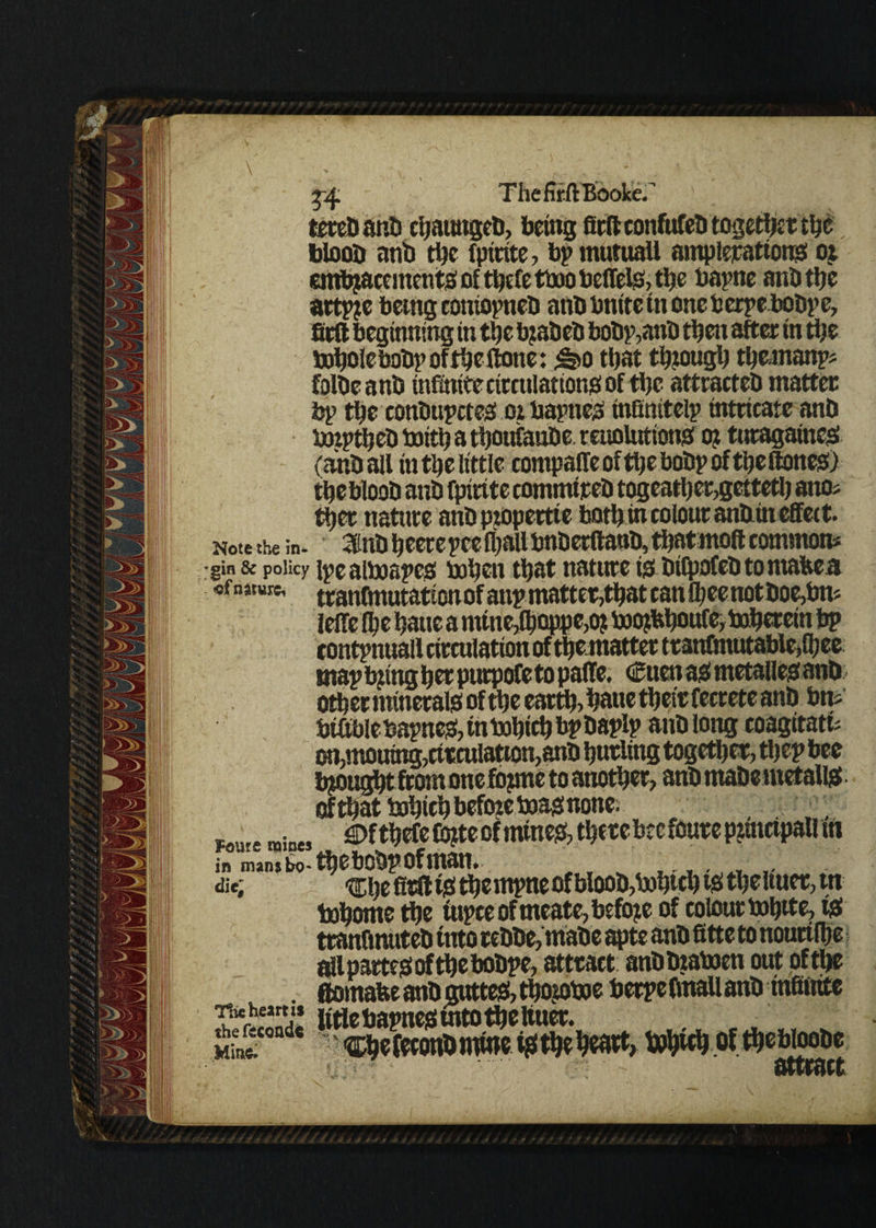 /(J/ tereUdnti cbawigeb, being firft confufeb together the, bloob anb tl)c fpirite, bp mutuaU ampliations oi emtyacemcnts of tljefe tboo belfels, the bapne anbthe artp?e being coniopneb anb bnite in one berpebobpe, fitft beginning in the b?abeb bobp,anb then after in the boholebobp of the ftone: ^0 that though tbemanp* folbeanb infinite circulations of tljc attracteb matter bp the conbupctes oi bapnes tnfinitelp intricate anb bnptheb toitf? a thoufanbe. rcuolutions 0? turagaincs (anb all in the little compafle of the bobp of the(tones) the bloob anb fpirite commtreb togeatber,getteth ano* ttjer nature anb piopertte both in colour anbtti effect. Note the in- atnb fjeere pee fl;all bnberttanb, tbatmoft common* gin & policy ipealboapes* bohen that nature isbifpofebtontafeea ■©fnattire, traufmutation of anp matter,that can fl)eenotboe,bn« lelfe ibehauc a mtne,^oppe,o? toojfehoufe,inherent bp contpnuall circulation of tbematter tranfmutable^ee map tying her purpofe to paffe, Cuen as metallcsattb other minerals of tlje earth, hatte their fecrete anb ^ biftblebapnes, intobich bpbapip anb long coagitati on,mouing,circulation,anb hurling together, thep bee bought from one fopne to another, anb mabemetalis of that bohich before boas none; _,re m. „ j©f thefe ftyte of mines, there bee foure p tytcipall m in m»njbo-thebobpofman. di«; ^hefirftiSthe rnpne of bloob,bohtth is the ituer, tn tohome the iupce of meate, before of colour tohite, is tranfmuteb into rebbe, rnabe apte anb fitte to nourilhe all partes of the bobpe, attract anbbtaboen out ofthe . ftomafee anb gntteS, thojoboe becpefmallanb infiiiite title bapnes tnto the Ituer. theftcoadc ^fwoni,^heart, \»hwhoJthebioobe attract