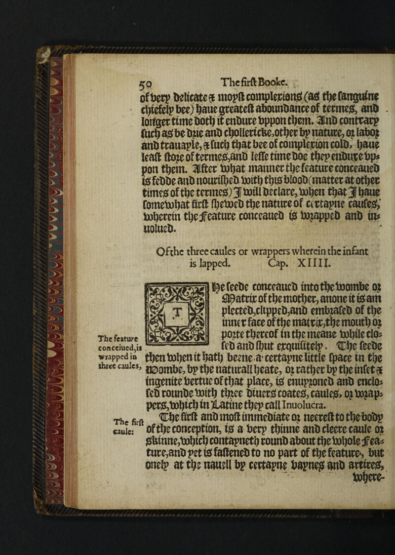 oftjccp Plicate? rnoplt completions (as tbefanguine rtjtefelp bee) baue greateil aboundance of tecmes, and . longer time both it enbure bppon them. Snb contrary furi) as bedjie anb cbollertcfce,other bp nature, o? laboj anb ttauaple, $ furt) that bee of completion colb, bane lead ftojeoftermes,anb leife time doe thep endure bp* pon them. 3Cftet toljat manner the feature conceaueb IS febbe anb nourtihed initb this blood(matter at other times of the tenues) 31 totil declare, boljen that 3J baue fomebobat firft {Ijeboebtbe nature of cirtapne caufes, boberein tl)e feature conceaueb is trapped anb in* nolueb. Ofthc three caules or wrappers wherein the infant is lapped. Cap. X1111. The feature concerned,is l^efeebc conceaueb intotbetoombe o? SEtetrtr of tbe mother, anone tt is am plecteb,cltppeb,anb embraced of the inner face of the matrir,tbe mouth or po?te thereof tnthemeane bahtletio* fed and (but erquifitelp. 'Chefeebe wrapped in then tohentt hath beeneacertapne little fpace tn the iwee cauies, jgiombe, bp the naturall beate, or rather bp tlje infet $ ingenitebertueoftbat place, is mupjoned anb enclo* fedroundeboitb three btuers coates, caules, ojbojap* pers,bohtch tn jLatttte thep call inuolucra. The fi-ft ^he firft anb moll immediate or neerell to the bobp cauie: ‘ of the conception, ts a beep thinne anb cleere caule or Sbtnne,bjhtch contapneth round about the bohole jrea* ture,and pet is fattened to no part of the feature*, but onelp at the nauell bp rertapne bapnes anb attires, bohere-