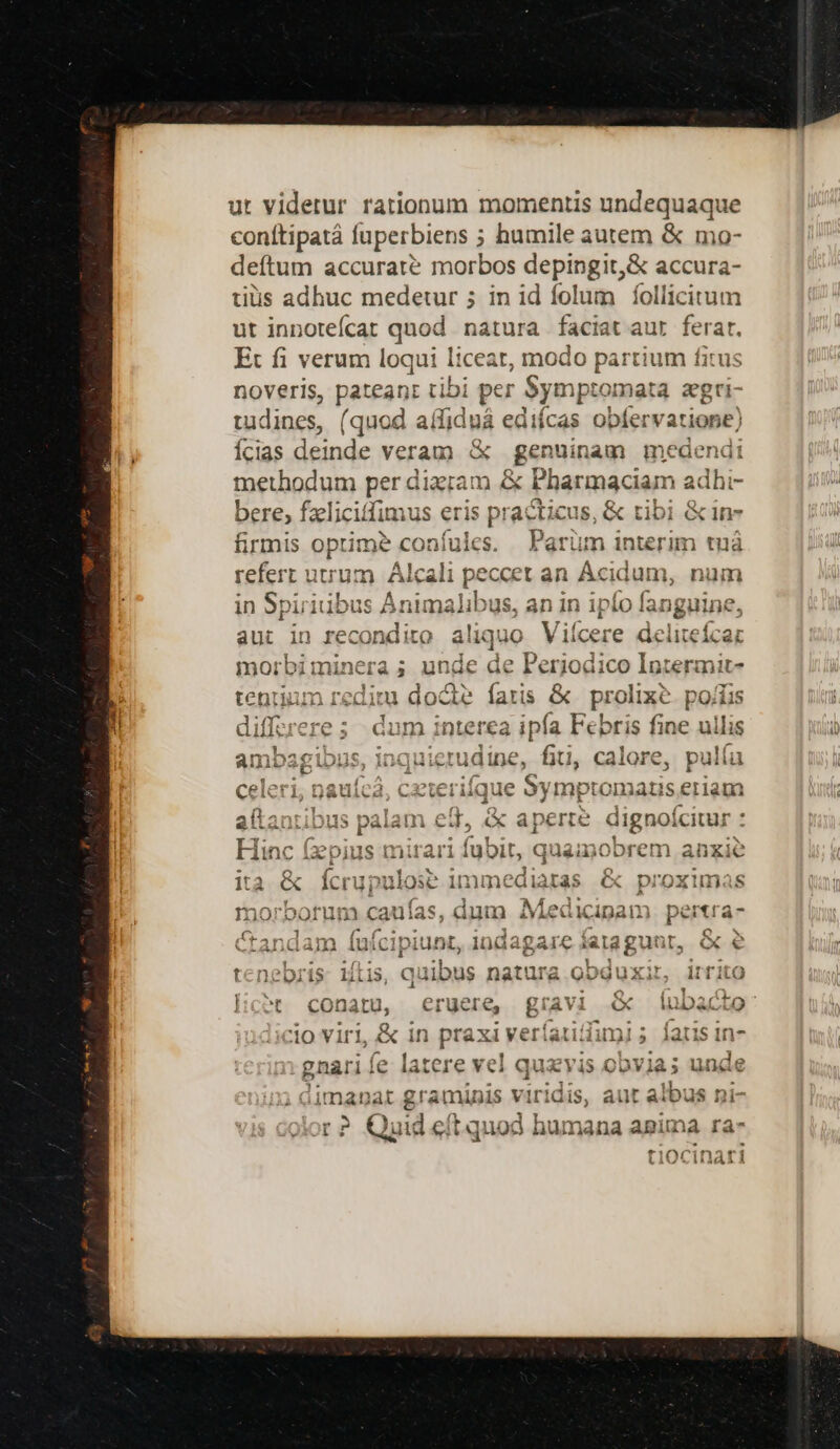 ut viderur rationum momentis undequaque conítipatá fuperbiens ; humile autem & mo- deftum accurate morbos depingit, & accura- tiis adhuc medetur 5 in id folum fíollicitum ut innorefcat quod natura faciat aur ferar. Et fi verum loqui liceat, modo partium fitus noveris, pétranes tibi per Symptomata sgti- tudioes, (quod aífiduá ediícas obfervatione) ícias deinde veram & genuinam medendi methodum per diram & Pharmaciam adhi- bere, fzeliciffimus eris practicus, & tibi &in- firmis optime confules. Parum interim tuà refert utrum Alcali peccet an Acidum, num in Spiriibus Animalibus, an in ipío fanguine, aut in recondito aliquo Viícere deliteícar morbiminera; unde de ' Periodico Intermit- tentum redim doce faris & prolixe? pojfis « ASI ads ^ovelrunk 3e j Jl diffrrere;s dum interea ipfa Febris fine ul ilis sq . . 1 agibus, inquietudine, fiti, calore, pulía os er snd. 4i E. e£ 2f 417 jT * i, Danica, CECI erifque oym ptc natis enam | ttantiDus paiam e, X aperte digno citur ! Hinc (pius mirari fubit, quamobrem ai ixie ita & Ícrup ulose immediaras & pro ximas ehe & 4 1x10! DX orum caufa dS, dum . Medica inan pei itta J 7: ccaitiieien poc EQ sc crandadam L..G € tenebris irrito i d COt i D í LO io viri, , iat1S I7 2d een in *2al í £s 1171 * ?r » px gnari fi Àc tere vei Gi Li 128 Vis ODY1à; LIC 1 * qe Dat it graminis Viri idis, aut albus ni- r? Quid e(t quod humana agima ra- 2s E. t1OC inat '