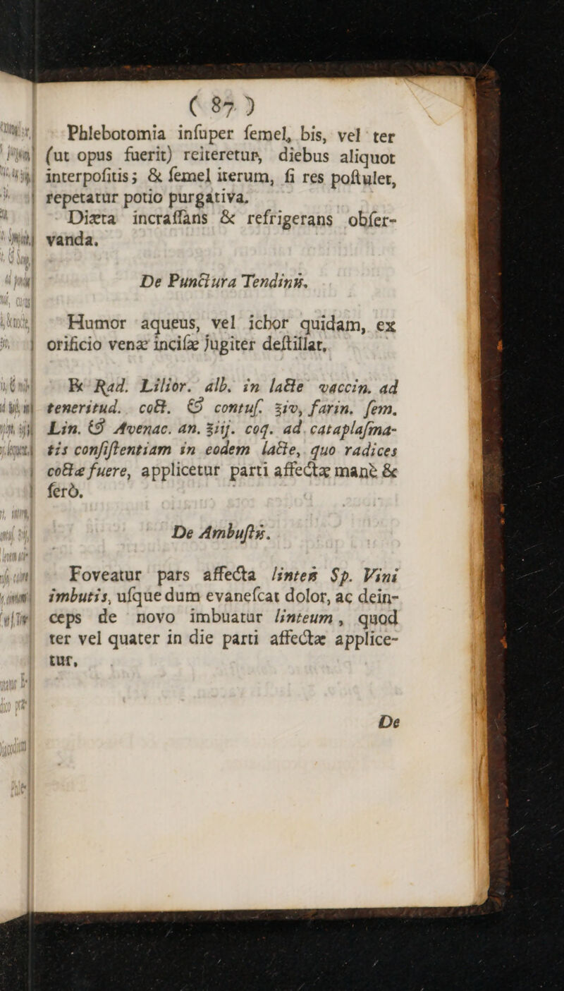 C 85.) Phlebotomia infuper femel, bis, vel ter || Interpofitis; &amp; femel iterum, fi res poftulet, | repetatur potio purgativa, Dizta incraffans &amp; refrigerans obfíer- vanda. De Punciura Tendinz. Humor aqueus, vel icbor quidam, ex orificio venz incifz jugiter deftillar, E Rad. Lilior. alb. im laHe' vaccin. ad teneritud. | coB. C9 contuf. sio, farin. fem. Lin. 9 4venac. an. &amp;iij. coq. ad. cataplafma- £15 confiflentiam in eodem aGe,. quo radices coEz fuere, applicetur parti affectzz mane &amp; feró. | De Ambufts. Foveatur pars affecta /imrem $p. Vini imbutis, ufque dum evanefcat dolor, ac dein- ceps de novo imbuatur //mteum , quod ter vel quater in die parti affectae applice- tur,