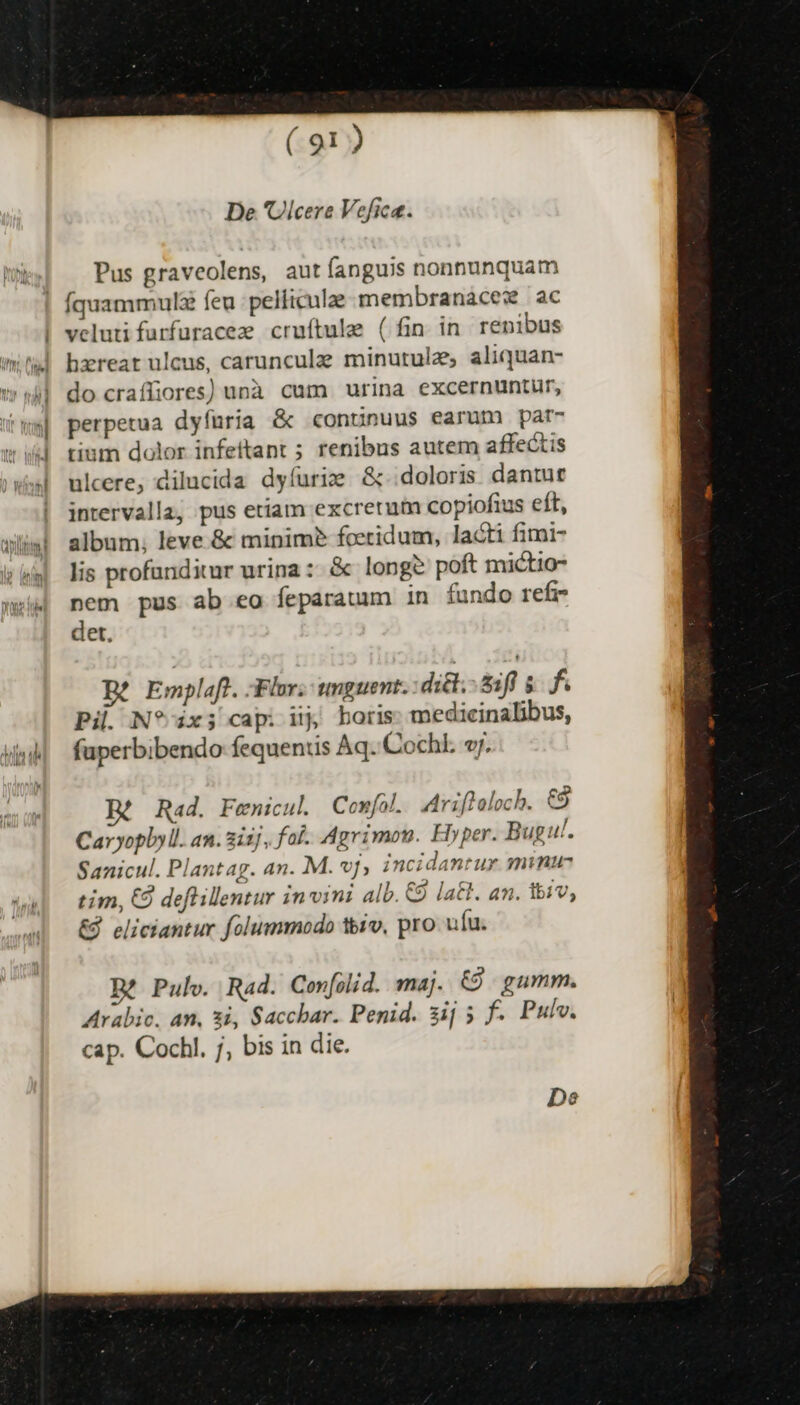 J^ | T ehhlt^s 4d VOU (91) De 'Ulcere Vefica. Pus graveolens, aut fanguis nonnunquam fquammul&amp; feu pelliculae membranacew ac vclutifurfuracez cruftule (fin in renibus hxreat ulcus, carunculze minutulze aliquan- do craffiores) unà cum urina excernuntur, perpetua dyfüria &amp; «ontnuus earum par- tium dolor infeftant ; renibus autem affectis ulcere, dilucida dyfurig &amp;.doloris dantur intervalla, pus etiam excretum copiofius eft, album, leve &amp; minim? foetidum, lacti fimi- lis profunditur urina ::&amp; long? poft mictio- nem pus ab eo feparauum in fundo refi- det. p Emplaf. Flor. unguent. did; 5f &amp; f. Pi N*? ix; cap: iij boris: medicinaDbus, fuperbibendo fequentis Aq. Cochl. vj. Rad. Fenicul. Comfal. Arifloloch. €) Caryopbyll. an. 2i5j, fal. Agrimon. Hyper. Bugu/. Sanicul. Plantag. an. M. «f, incidantur. minu- tim, CÓ deflillentur in vini alb. €9 [a&amp;l. an. ibiv, &amp;d eliciantur folummodo tbiv, pro ufu. Bé Pulv. Rad. Cen[olid. maj. €) gumm. Arabic. an, 3i, Saccbar. Penid. 3ij 5 f. Pulv. cap. Cochl. j, bis in die. De