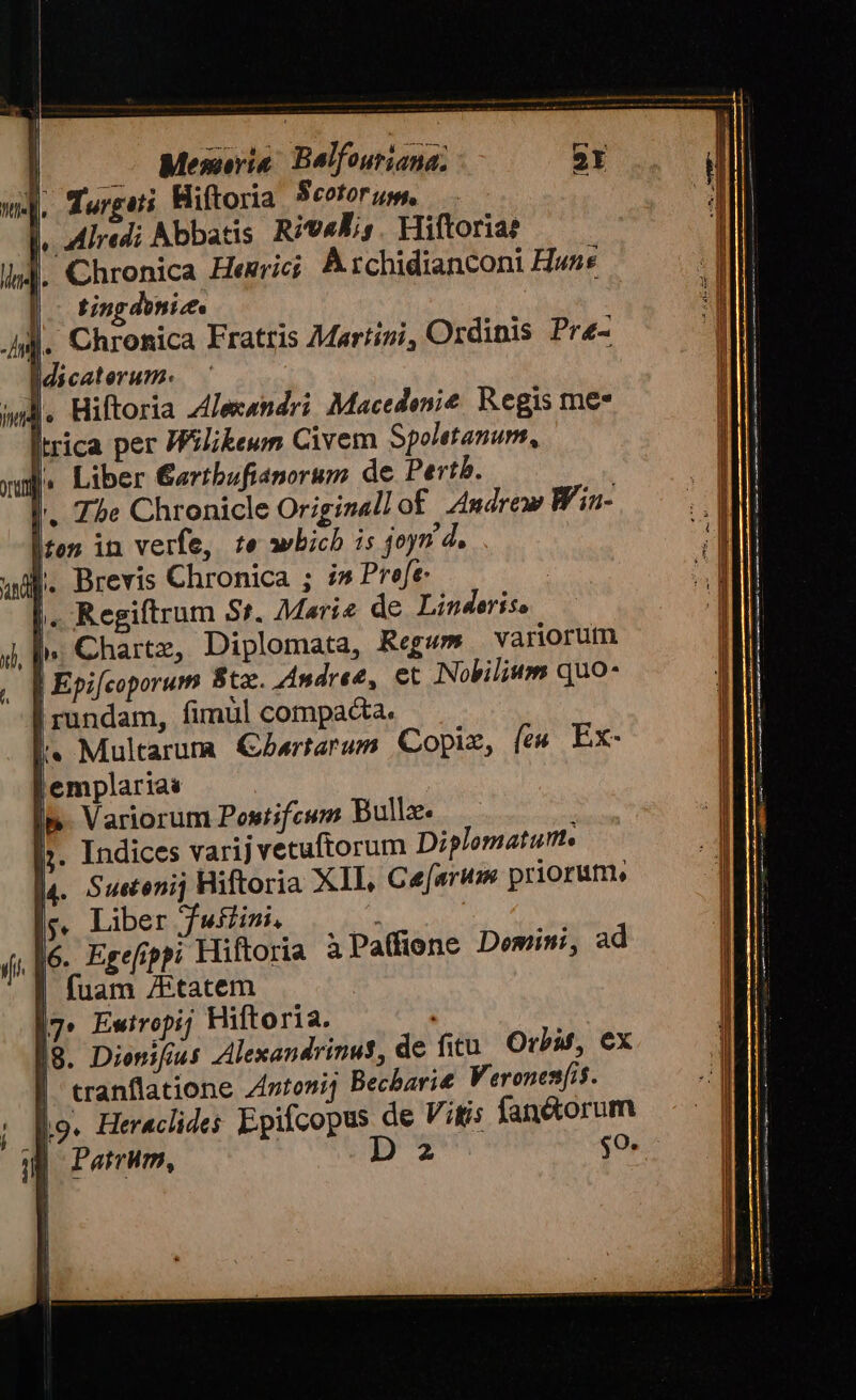 J. Turgsi Hiftoria Scotorum, , Alrdi Abbatis. Riv«E,. Hiftoriae |. Chronica Hewrici &amp;rchidianconi Huns tin donic : |. Chronica Fratris Martini, Ordinis Pr«- Idicaterum: |. Hiftoria Z/lexendri Macedenie. Regis me* Itrica per Wil;ikewn Civem Spoletanum, |, Liber &amp;artbufianorum de Pertb. |. The Chronicle Origizallof Zmdrew Wia- lton in verfe, te wbicb i5 4oyn d. |. Brevis Chronica ; i» Profe. : |. Regiftrum St. Mari? de Linderiss É. Chartz, Diplomata, Regwm variorum | Epifcoporum Btze. Andree, et Nobilium quo- rundam, fimul compaca. i» Multarum &amp;Zwrtarum Copie, (zs Ex- |4. Suetoni] |. Liber jwfini. d 16. Egefippi Hiftoria iPa(fione Demini, ad | fuam /Etatem I7. Ewiropij Hiftoria. 19. Dienifius Alexandrinus, de fitu Orbi, ex | tranflatione Zntoni] Becbarie Veronen[is. i9. Heraclides Epifcopus de Vifis fané&amp;torum