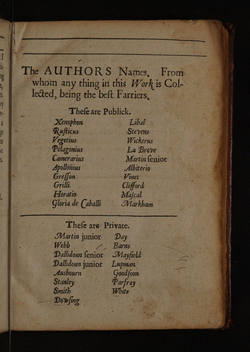 | The AUTHORS Names, From » whom any thing in this Work is Col- le@ed, being the beft Farriers, - Thefeare Publick. Xenophon Libab Rufticns. | Stevens: - Vegetius Wiskeves _ Greffon. V inet Grilli Clifford. Horatio; — Majcal. Gloria de (aballi Markham _ Thefe are’ Private. _ Martin junior Day Webb /\_. Barns Dallidoun fenior Mayfield Dalhidoun juniot Lupman Ausbourn Good foon Stanley Parfray Smith White “Dowfing |