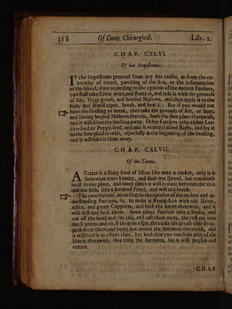 { Sa i RP ire Mintle SL CS gaa ee, (Bes Flea Serer te nase LSE CO CRC IOS ATI IE RELI IEEE IIE EGLO CET igh OEE GPE tremity of travel, parching of the Sun, or. the. inflammation of the blood, then according to the opinion ofthe ancient Farriers, ey you fhall rake Liver. wort,and ftamp it, and mix it with the grounds mt of Ale, Hogs greafe, and bruifed Mallows, and then apply it tothe at) 7 fore, and ie will ripen, break, and heal it: Bot if you would not A 2 have the fwelling to break, then take the grounds of Ale, or Beer, and:having boyled Mallows therein, ‘bath the fore:place therewith, Di and it will drive the {welling:away.. Ocher Farriers. cake either Lete Lk tice-feed,or Poppy-feed, and mux it with oyl ofred Rofes, and lay it iA tothe fore plaiiter-wife, efpecially at the beginning of the {welling, i - and it willtake it clean away. . 718 Of Cures; Chirargical, \ Lib. 2, i CHAP. CXLVL b Of bot Impoft umes. : Mt F the Impoftume proceed from-any hot caufes,. as from the ex- 13 CiH JAGR c XL Vila ise sites, Of the-Tettere: Tetter is a filthy kind of Ulcer like unto a canker, only it is fomewhat more knotty, .and doth not fpread, but remaineth moft in one place, and many times it will remain between the skin ‘andthe flefh, like a‘knotted Farcy, jand will-iot-break. nis ‘derftanding Farriers, is, to make.a {trong-Lye with old Urine, _Afhes, and green Copperas, and bath-the, knots.therewith, and it nwillekillband:heal them. ~ Some other, Fartiers take a Snake, and venom. 1 a = > > s “ - —— =