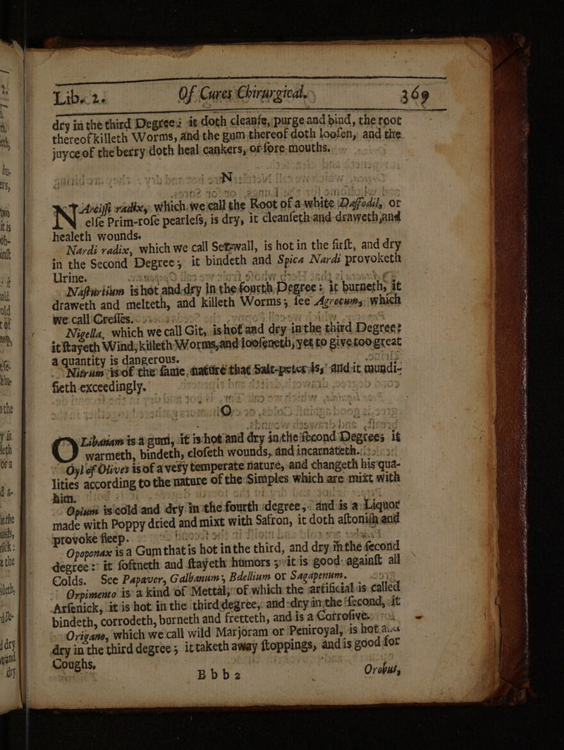 dry in the third Degrees: it doth cleanfe, purge and bind, the root thereof killeth Worms, and the gum thereof doth loofen, and the juyce of the berry doth heal cankers, orfore.mouths... eR Aa wh aa irs N22 radix, Which.we call the Root of a.white Daffodil, or elfe Prim-rofe pearlefs, is dry, it cleanfeth and-draweth and healeth wounds. Nardi radix, which we call Sefzwall, is hot in the firft, and dry in the Second Degree; it bindeth and Spica Nardi provoketh Urine. aengeacd Une ow cia Dow deol is eissobke Naftwriium ishot and-dry in the fourth Degree :. it burneth, it draweth and melteth, and killeth Worms, fee Agrecums ‘which we: calliGrefles)ssisdseboe? ad? -vadeS Uaoew dotdy nee Nigella, which we call Gits. ishof and dry inthe third Degree? it Rayeth Wind; killeth Worms,and loofeneth, yet to givetoogreat a quantity is dangerous. tes ~ gots «Nigra SOF the fanie ,fatiré tha Salt-petordss' andiit mundi- fieth-exceedingly.© = -“toraxiit bra d¥tisbuhiowsab, se2G9d 9903 (ie not iy nin ond Deis O warmeth, bindeth, clofeth wounds, and incarnateth.:)2 >; Oy) of Olives isof a vesy temperate nature, and changeth his’qua- lities according to the nature of the Simples which are mixt with Opium isicold and dry in the fourth degree, dnd is a Liquor made with Poppy dried and mixt with Safron, ic doth aftonifh and provoke fleep. as bhovst ol? ni Niom bas blo se tans’ - Opoponax is a Gum thatis hot inthe third, and dry inthe fecond degree: it foftneth and ftayeth hamors ;vit is good: againft all Colds. See Papaver, Galbanum, Bdellium or Sagapenum. = a) Orpimento isa kind ‘of Mettal; of which the ‘artificial:is called peor EAE it, i, PE oS cee etal gee TALEO LEA EID ES pee Sa Sx bindeth, corrodeth, burneth and fretteth, andisaCofrofive.; °c, + ; » Origane, which we call wild Marjoram or Peniroyal, is hot disc dry in the third degree; ittaketh away ftoppings, andis good for Coughs, eu 1 Bbb2z es Orebus,